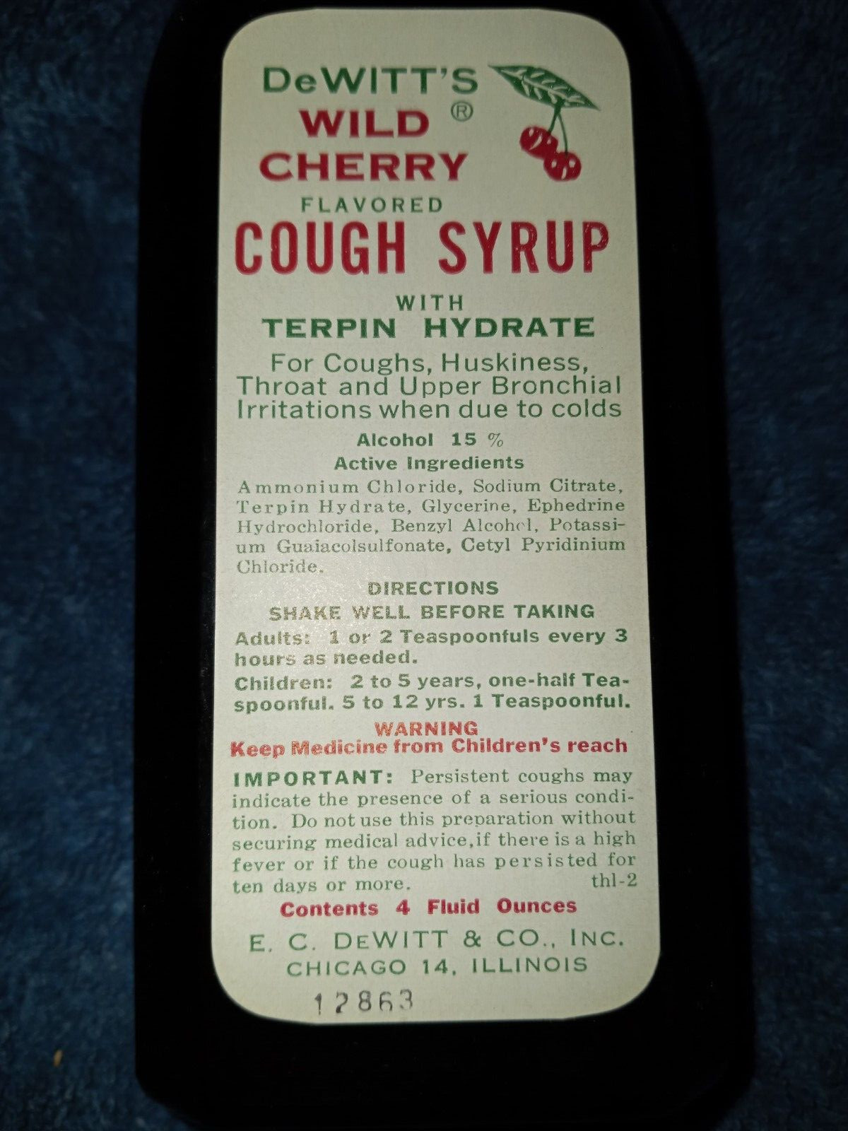 Vtg DeWitt’s Wild Cherry Flavored Box Paperwk Medicine Pharmacy Cough Syrup NOS