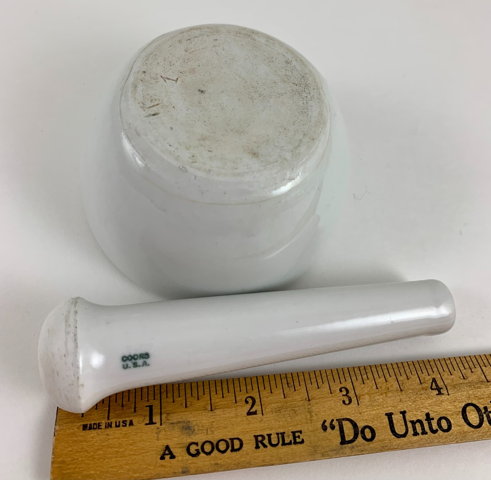 Vintage Older Coors USA Small White Porcelain Lab Mortar and Pestle