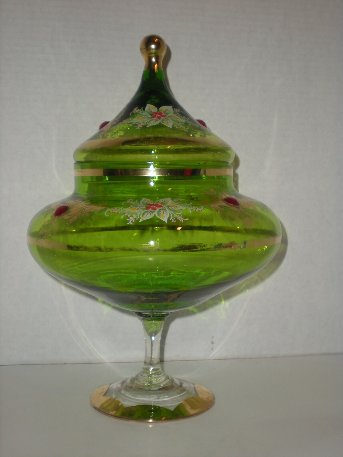 12″ Green Apothecary Jar Canister Circus Tent Lid Vtg Hand Blown Xmas Poinsettia