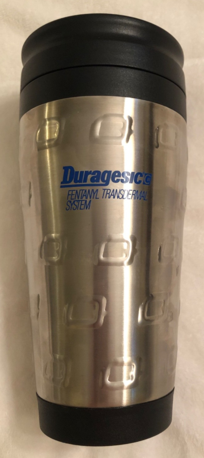 Lot of 2 Duragesic Fentanyl Travel Mugs Pharmaceutical Sales Merch Rare HTF