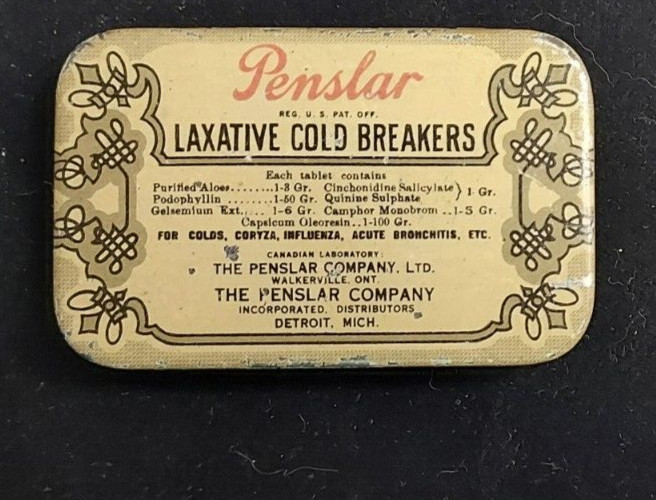 Old Advertising Medicine Tin Penslar Laxative Cold Breaker Detroit Michigan