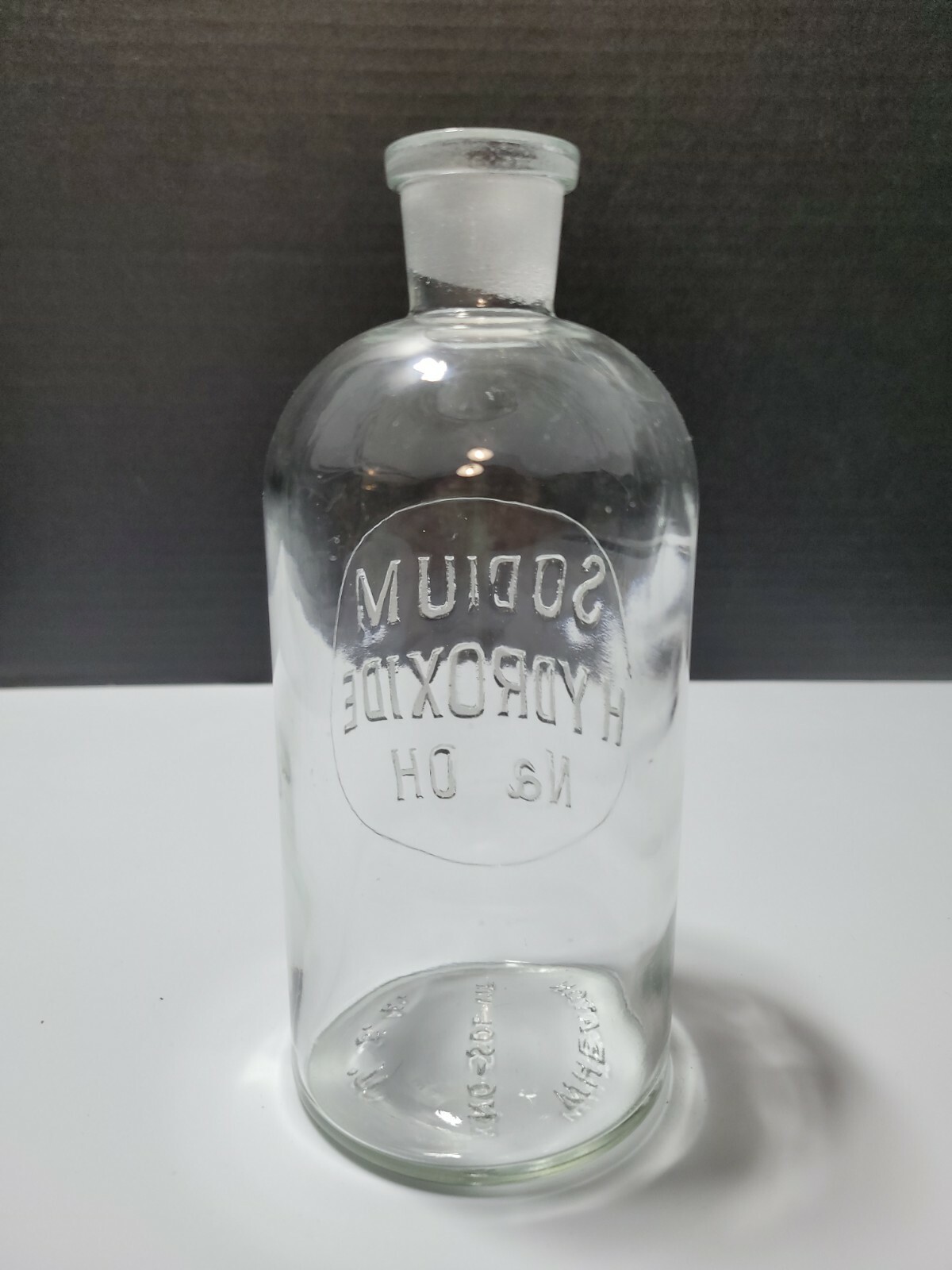 Wheaton No Sol Vit 5 Glass Bottle Embossed Sodium Hydroxide NaOH USA 6.75″ VTG