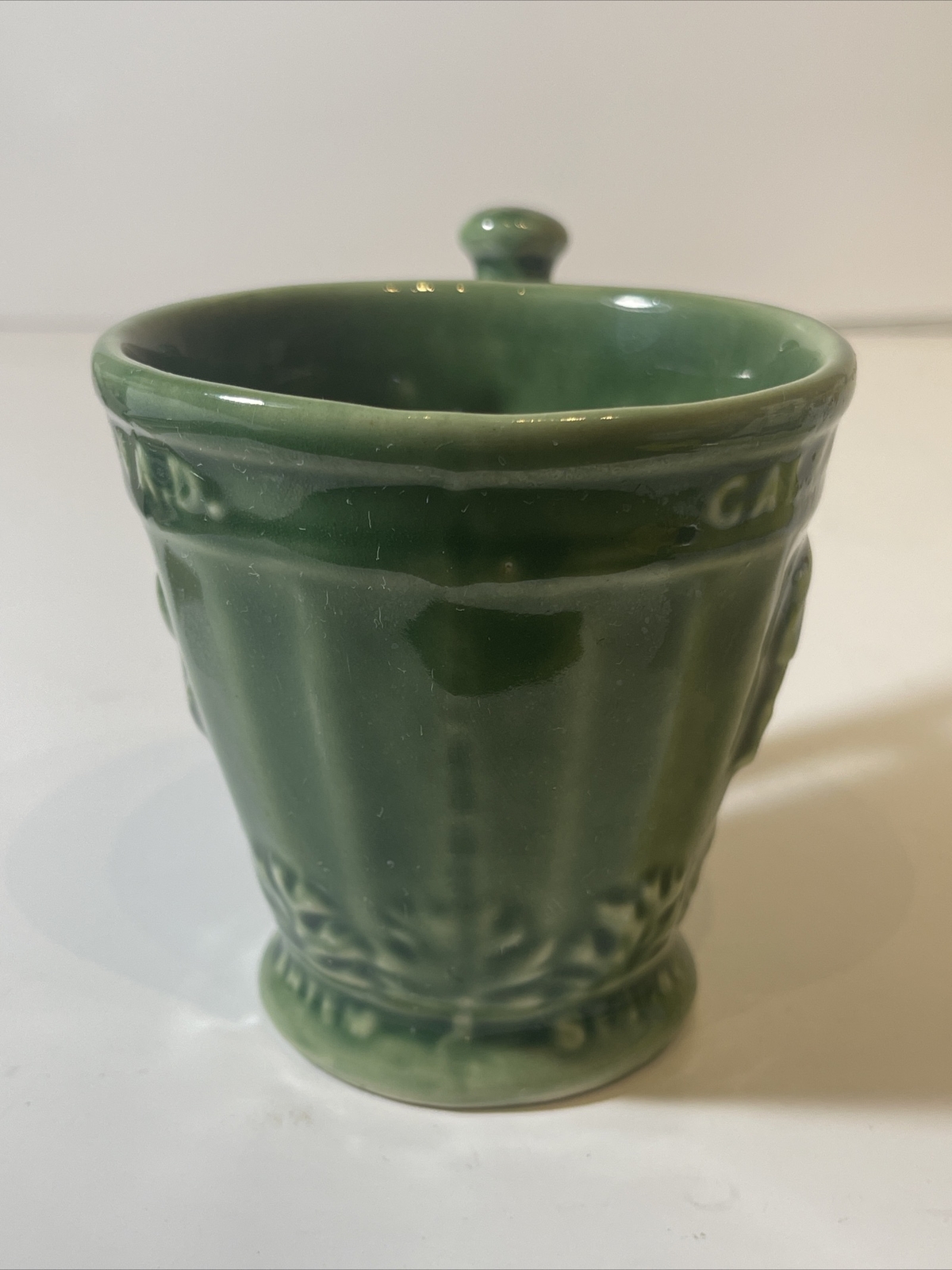 Vintage Coricidin Green Pottery Mug RX Galen Schering Pharmacy Cup Mortar Pestle