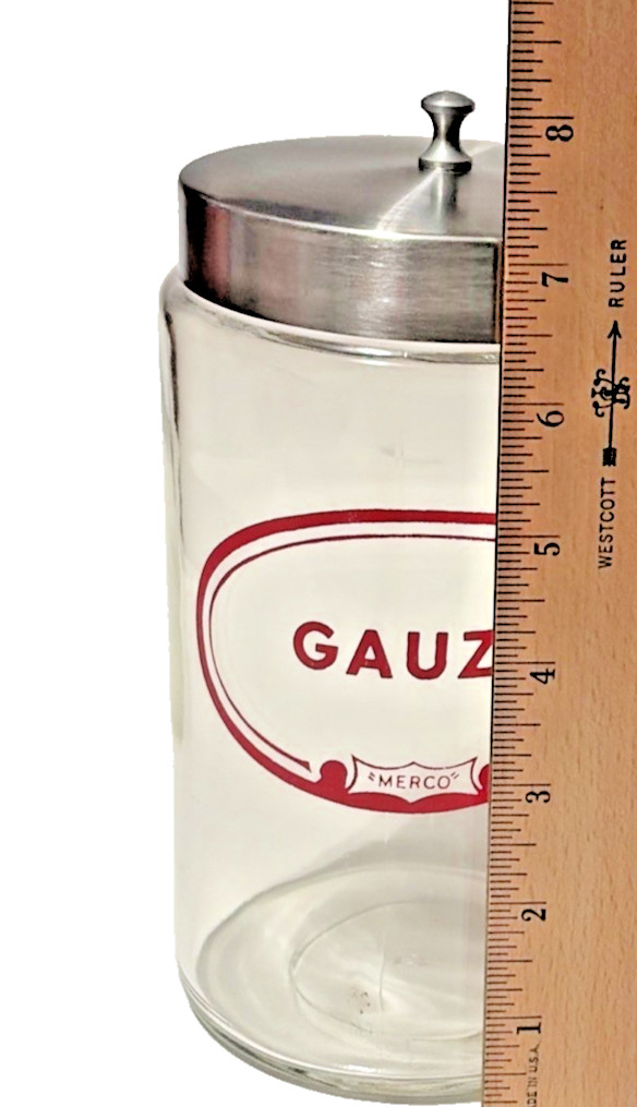 MERCO Gauze Glass Medical Apothecary Glass Jar with Lid 7.5″ Vintage READ / SEE*