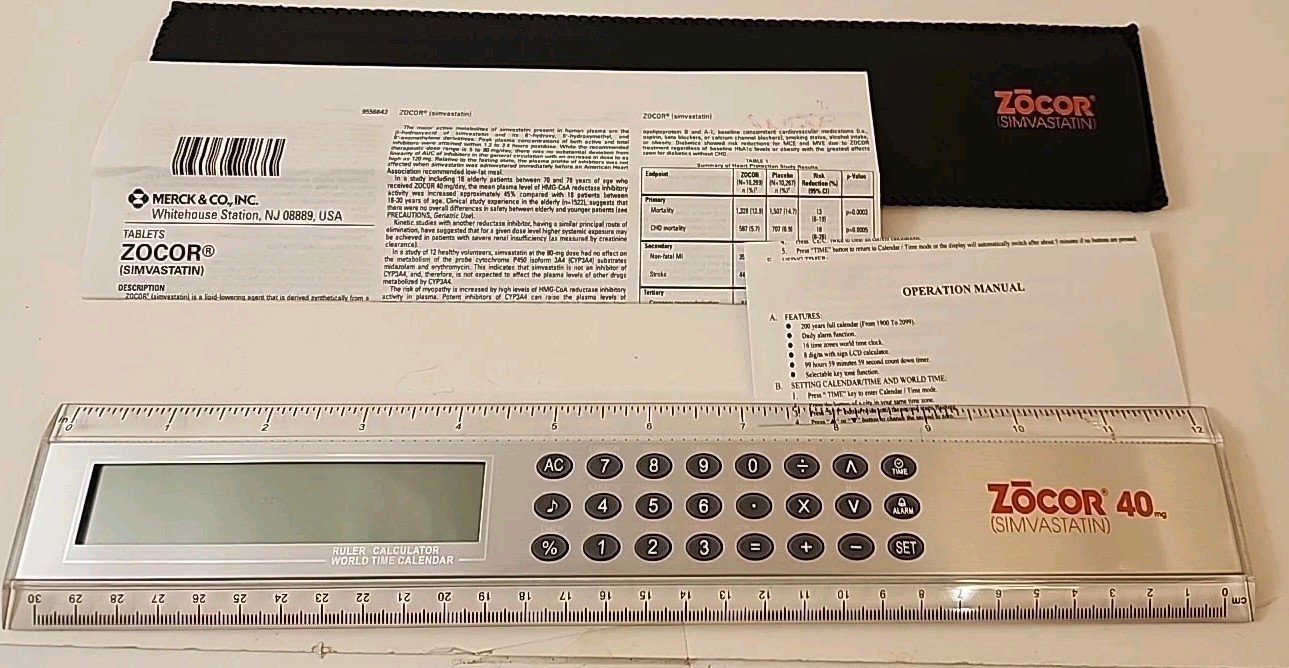 Zocor 12-in Ruler With Calculator Drug Rep Pharmaceutical Ad Promo RARE