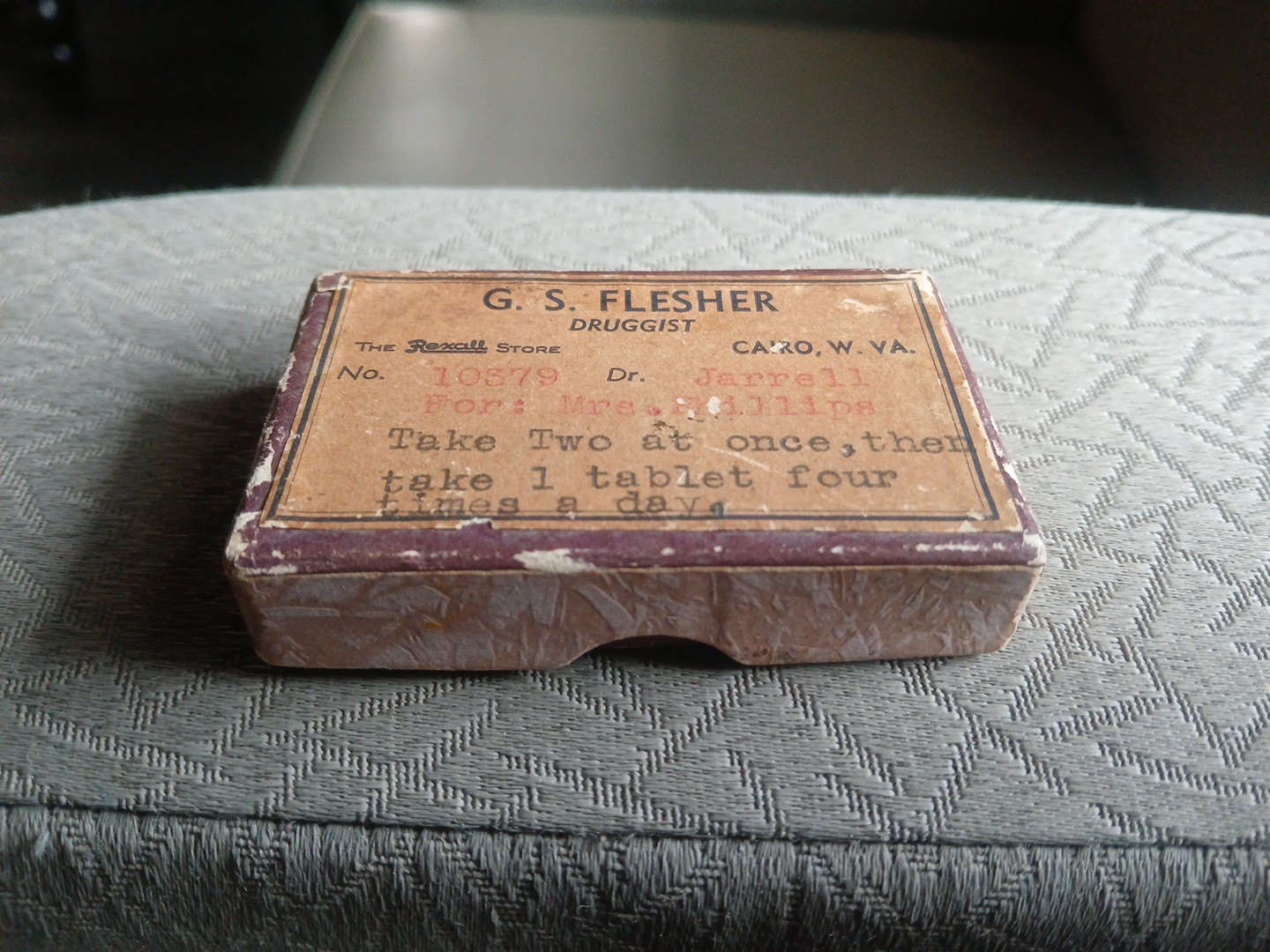 Vintage Cardboard Prescription Pill Box G. S. FLESHER CAIRO, W. VA.