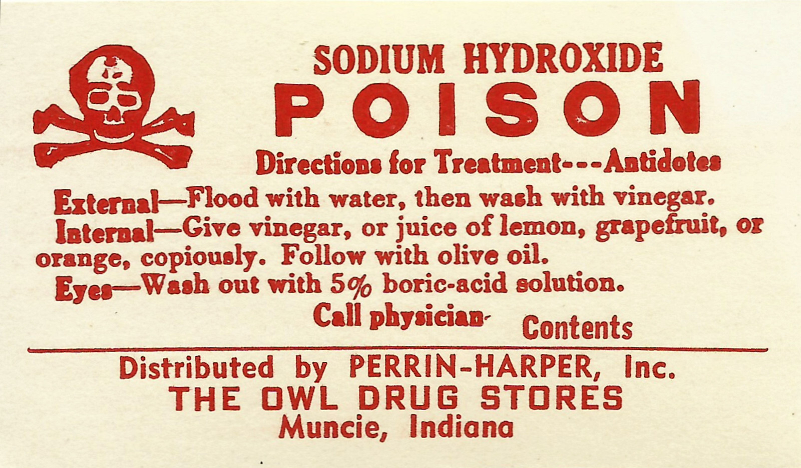 Vintage Pharmacy Label SODIUM HYDROXIDE POISON w/ Skull & Bones Owl Drug Stores