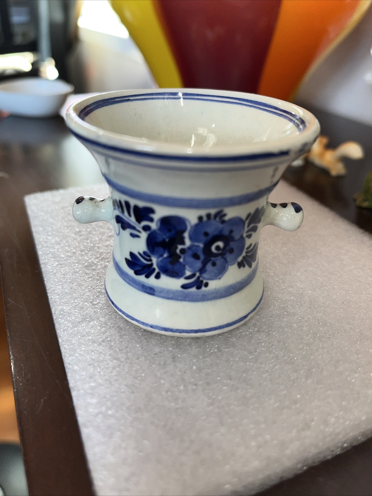 Rare Blue Delft Ceramic Toothpick Holder RX Logo Floral Signed Squibb 1959