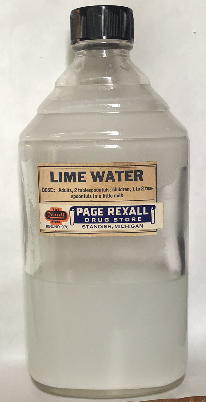 Vintage CLEAR GLASS Apothecary RX Medical Pharmacy Jar Bottle Rexall Lime Water