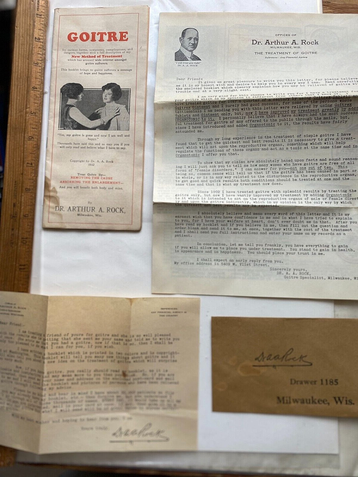 1932 Sales Literature for Goitre Cure. Dr. Arthur Rock, Milwaukee, Wisconsin.