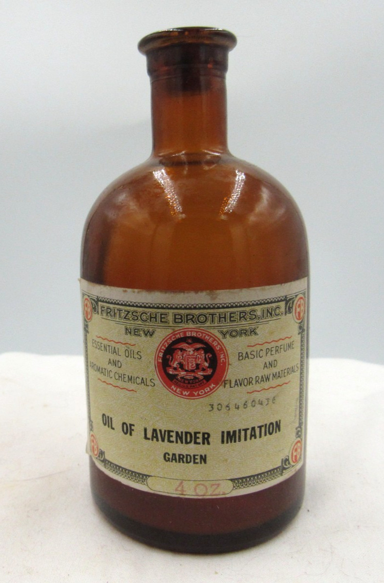 BW – 1930’s Fritzsche Bros NY Oil of Lavender 4 1/2″ Amber Medicine bottle