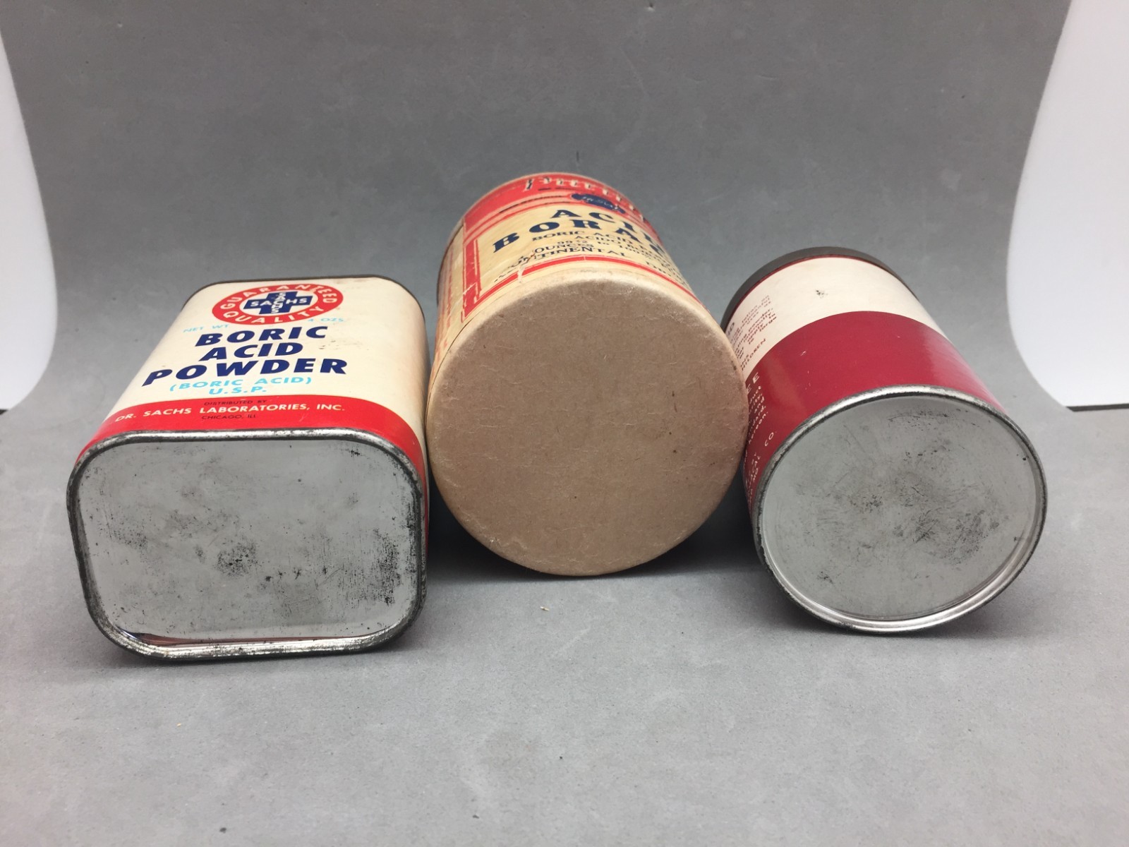 Vintage Boric Acid Box Can Lot 3 EMPTY Sachs, York, Continental Drug Alton IL