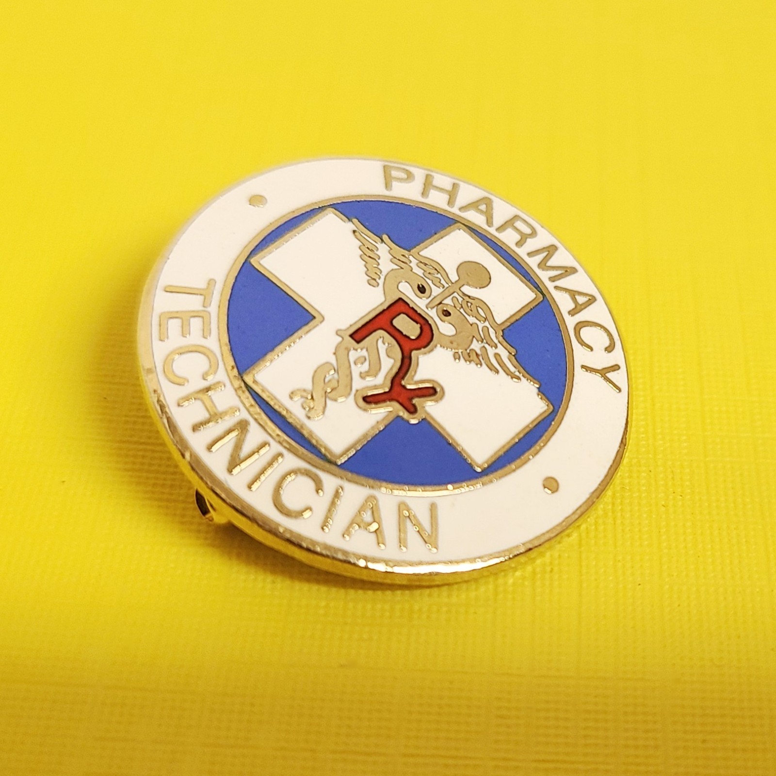 Vtg. PHARMACY TECHNICIAN Caduceus Rx Cross Round Enamel Lapel Pin