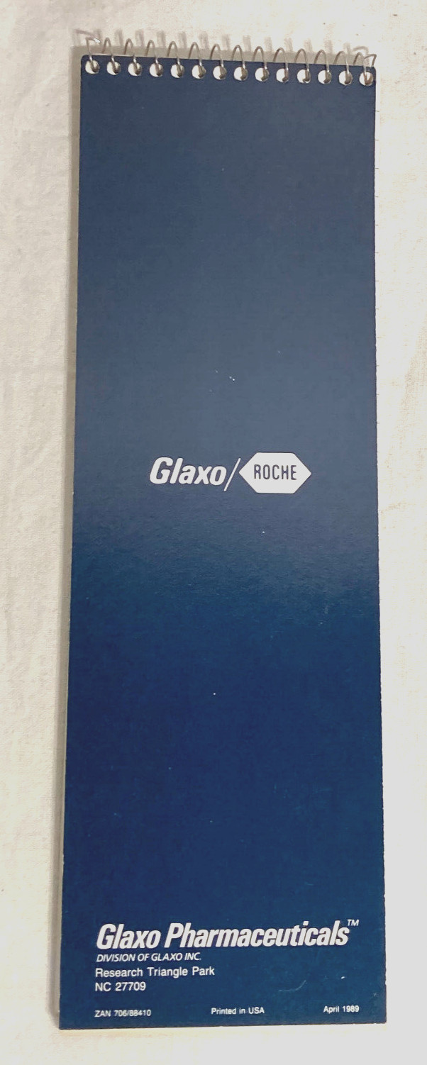 Vntg Glaxo Pharmacy Want Book: Ceftin, Zantac ruled Spiral notebook, 11″ L 2pc