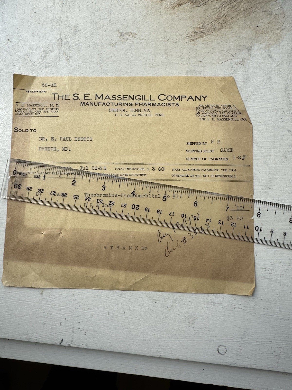 Vintage 1935 S E Massengill Pharmaceutical Invoice Bristol TN Phenobarbital Etc