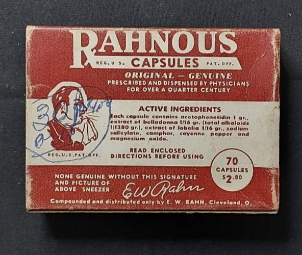 New Old Stock Medicine Box Rahnous Capsules EW Rahn Cleveland OH Hay Fever Colds