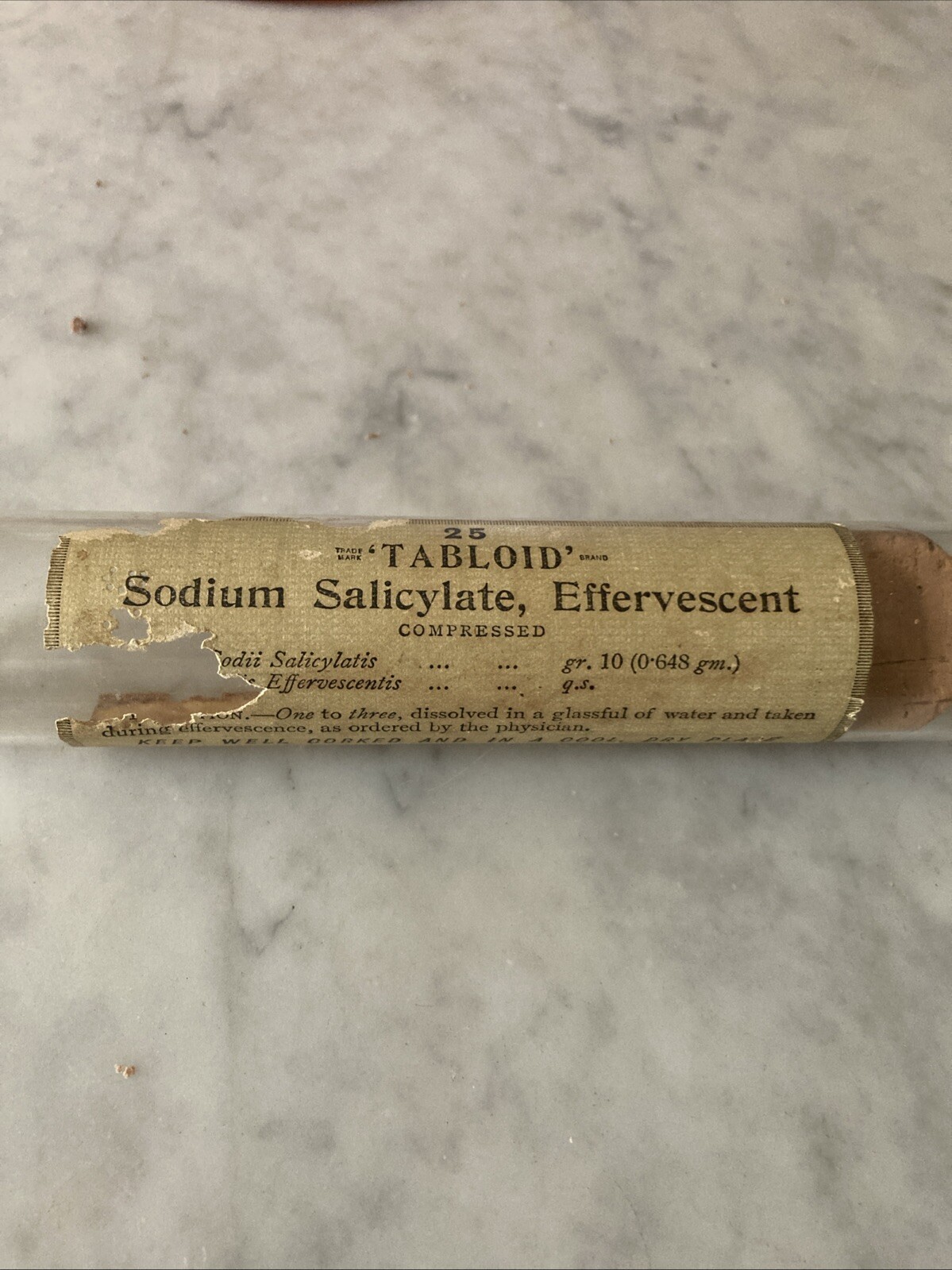 Vintage Pharmacy Sodium Tablets Glass Vial With Cork Paper Label