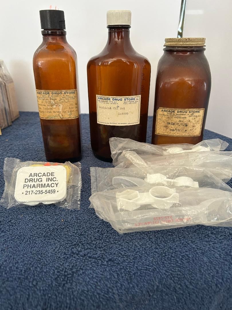 3 Vintage Brown glass bottles from Arcade Pharmacy Mattoon, IL Geo Bennett RPh