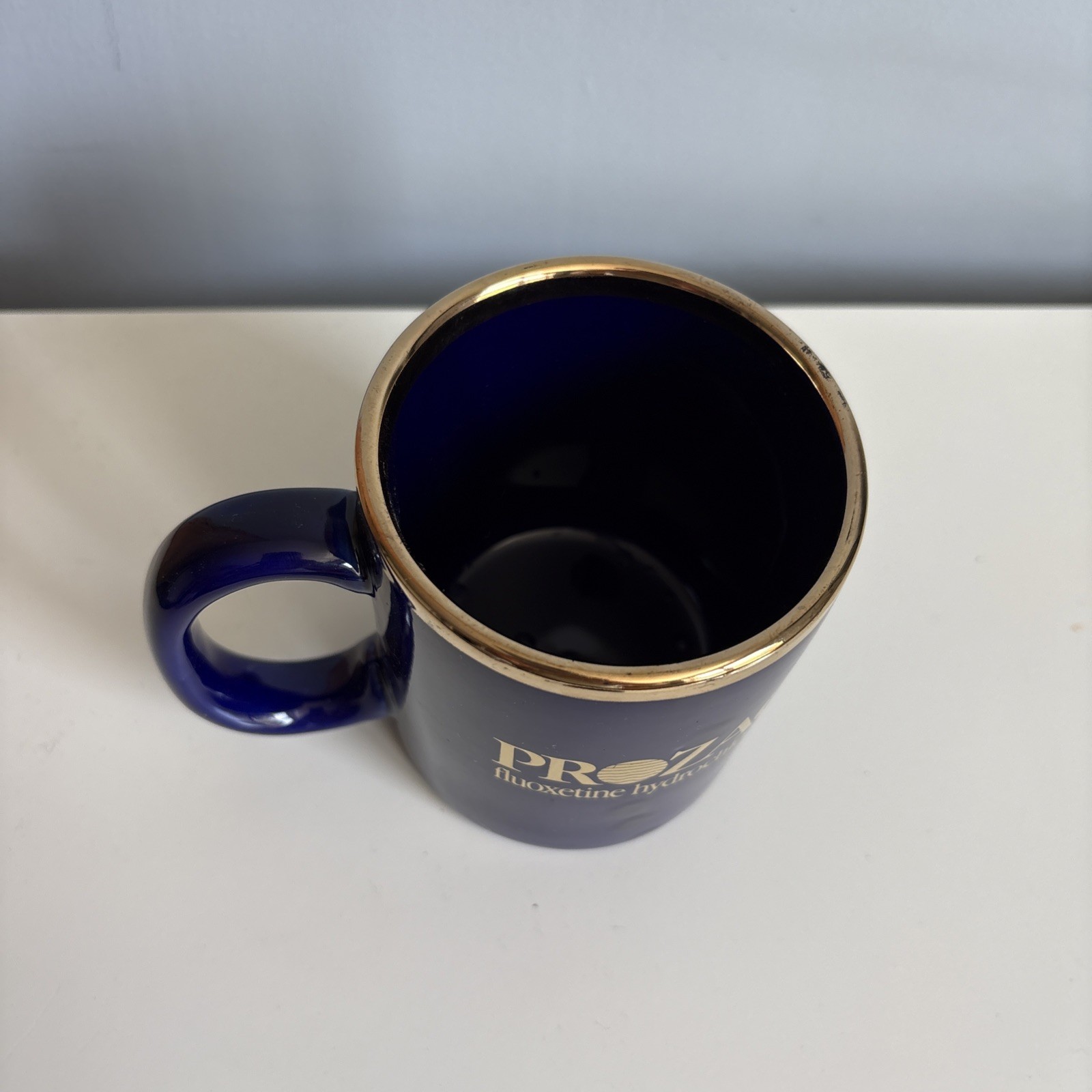 Vintage PROZAC Fluoxetine Hydrochloride Blue & Gold Pharmaceutical Coffee Mug