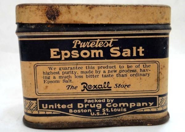 antique EPSOM SALT TIN w CONTENTS rexall store UNITED DRUG CO uc1059