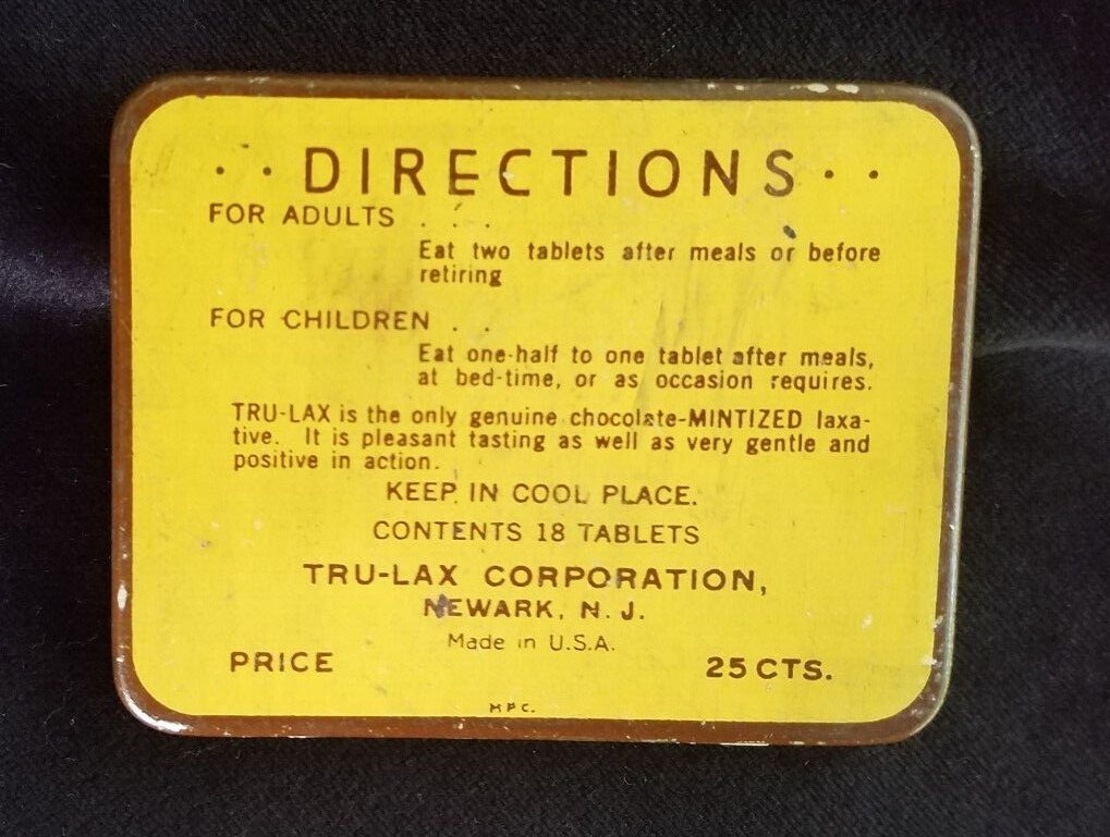 New Old Stock Medicine Tin Tru-Lax Chocolate Mint Laxative Trulax Co Newark NJ