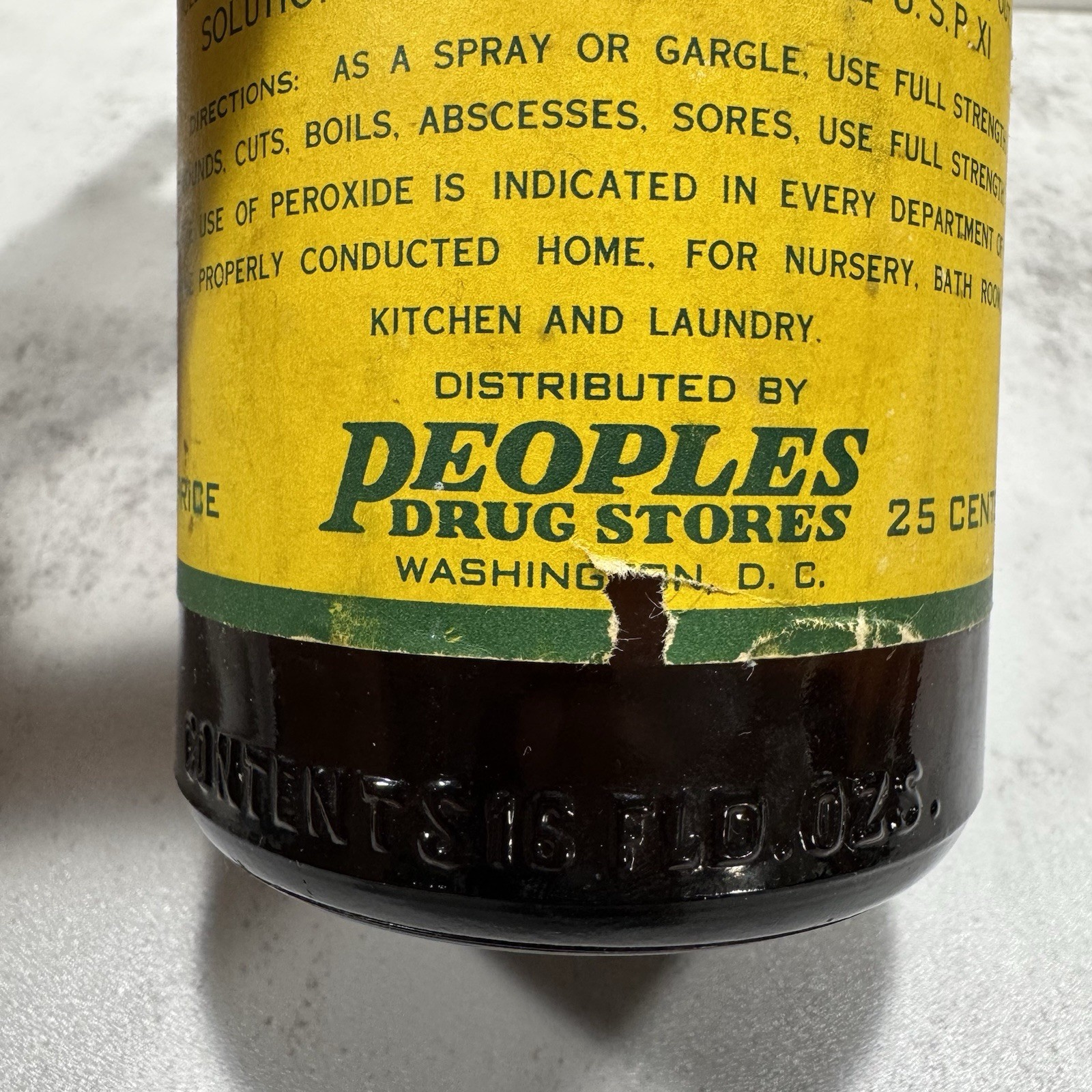 Vtg People’s Drug Store Peroxide of Hydrogen Glass Bottle Washington D.C. 16oz