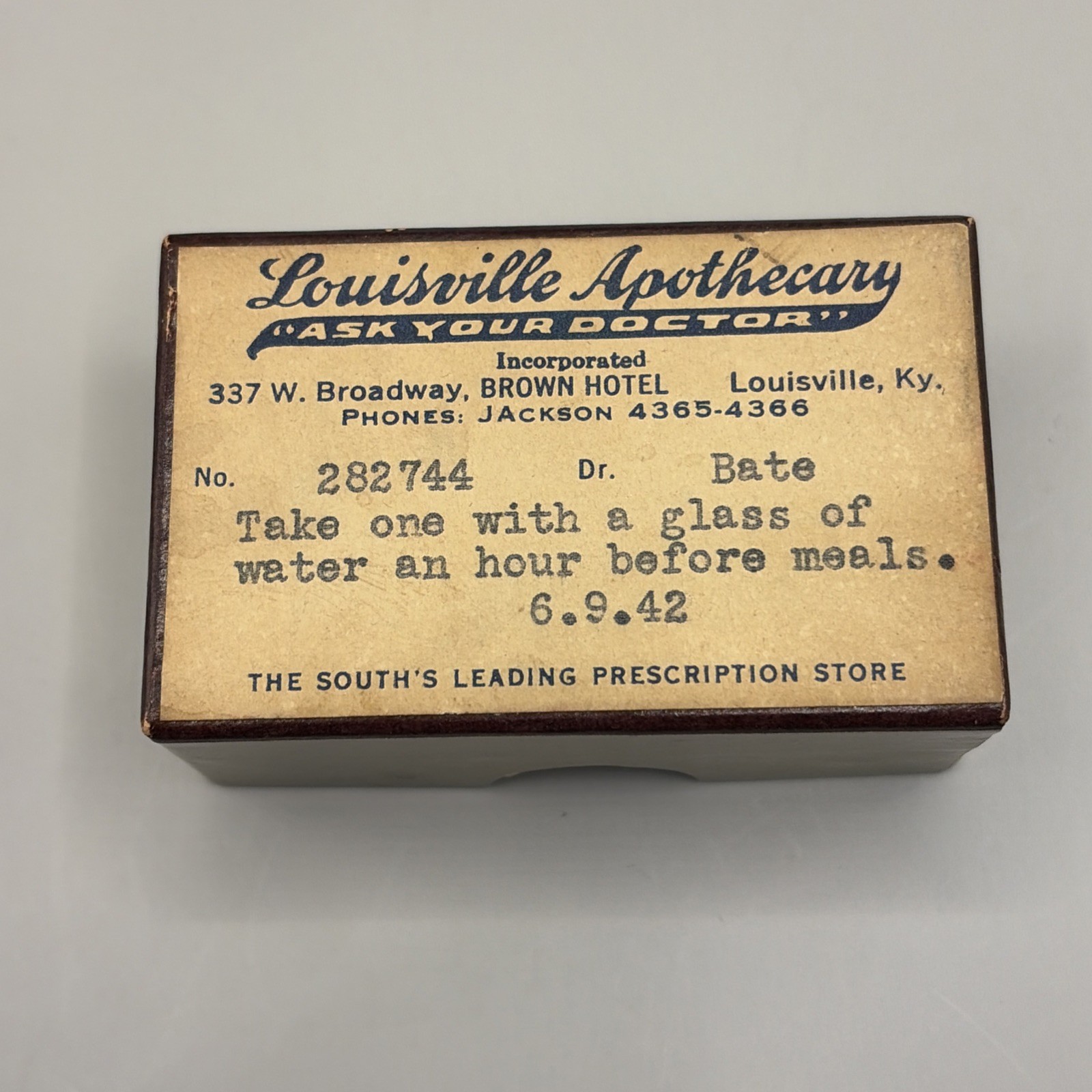 1942 Louisville KY Apothecary Medicine Box Brown Hotel