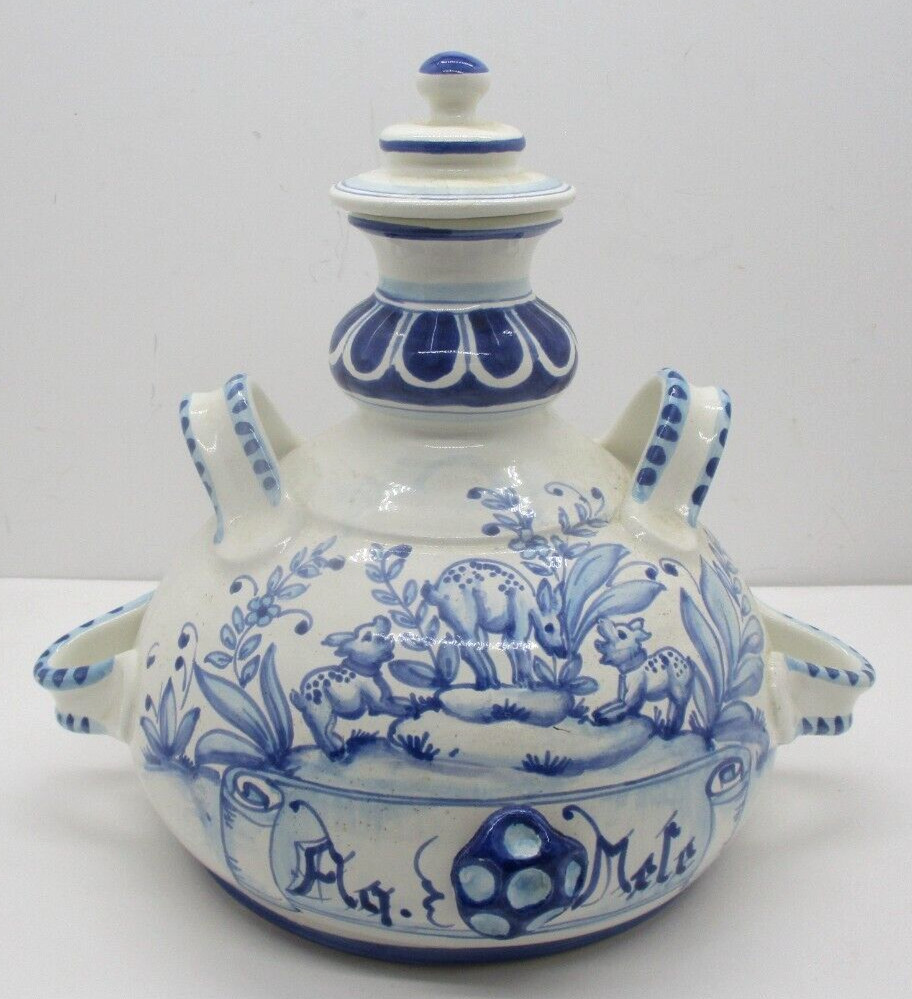 Amazing Pharmacy Apothecary Jar “Aq Mele” Blue and White Hand Painted Deer