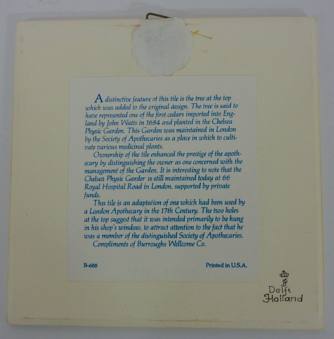 Burroughs Wellcome Delft Holland Pharmacy Ceramic Physic Garden Pill Tile #19