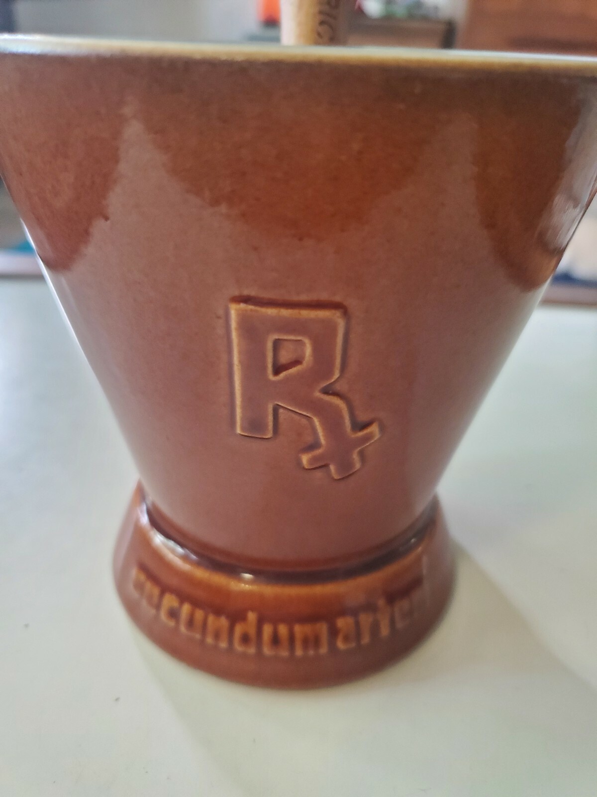 Schering William Procter Jr Rx ceramic mortar and pestle brown Vtg