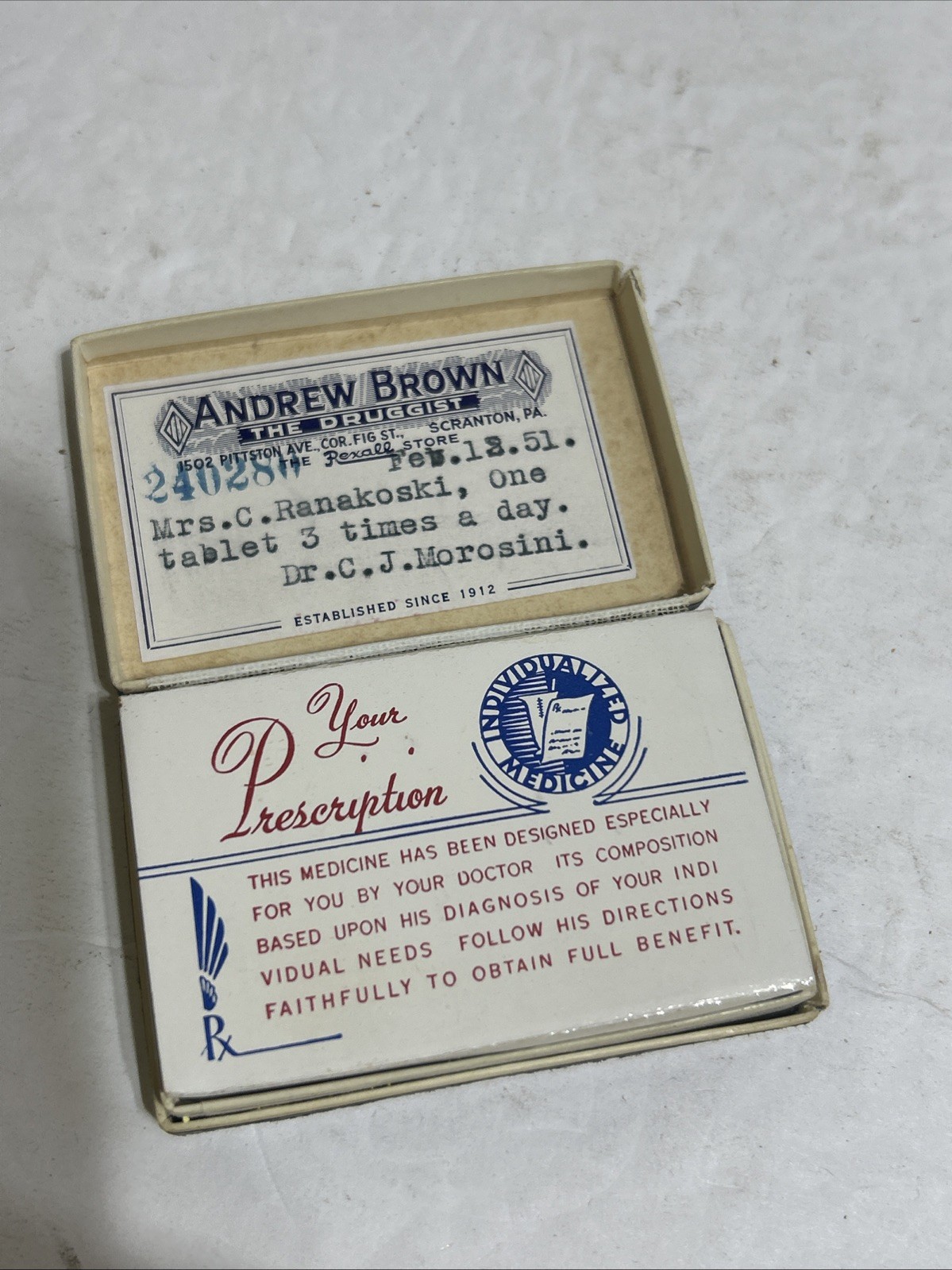 Vintage 1951 Cardboard Prescription Pill Medicine Box ANDREW BROWN SCRANTON ,PA