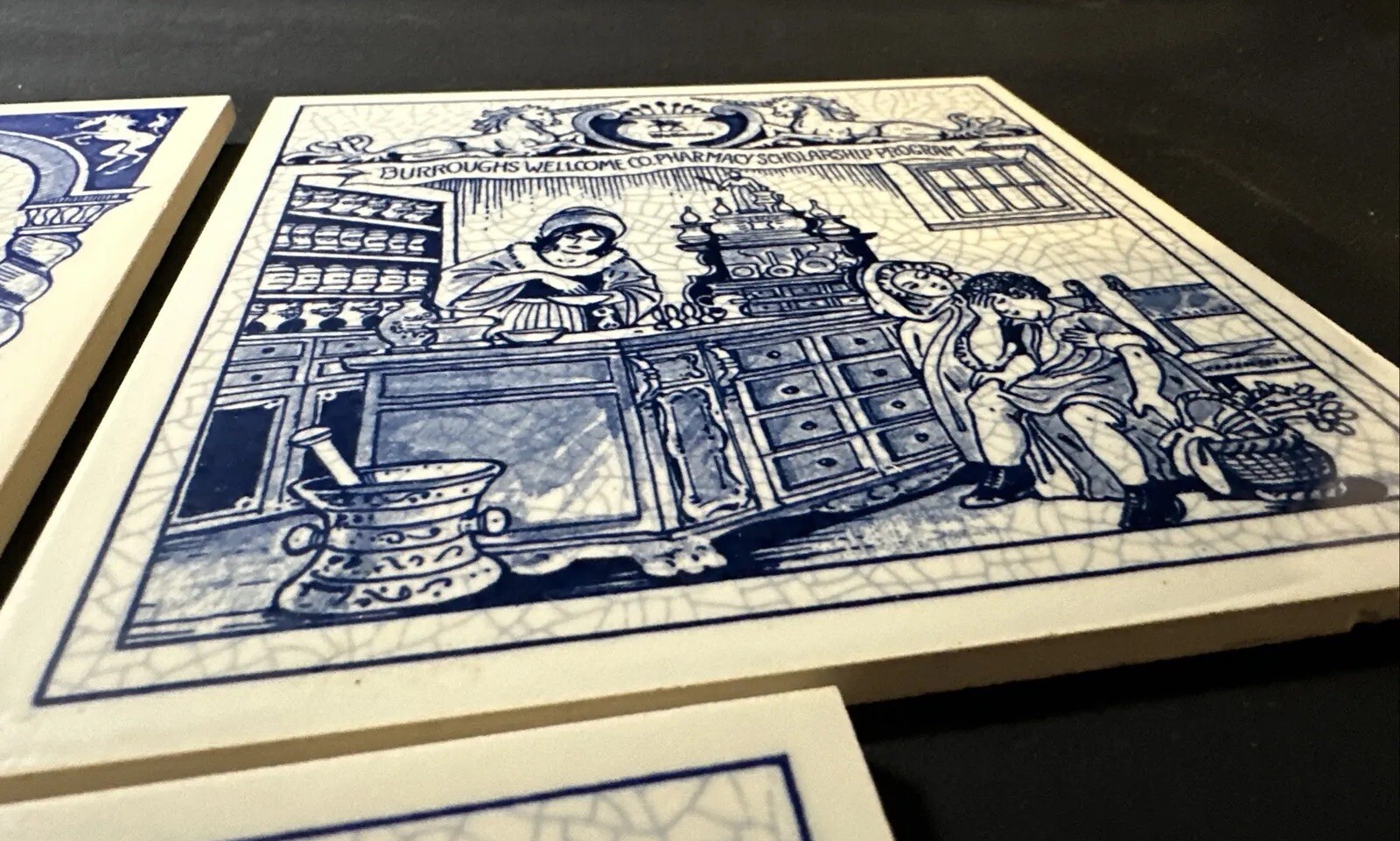 THREE Vintage Blue Delfts Schoonhoven Holland Handmade 6″ Ceramic Tiles Pharmacy