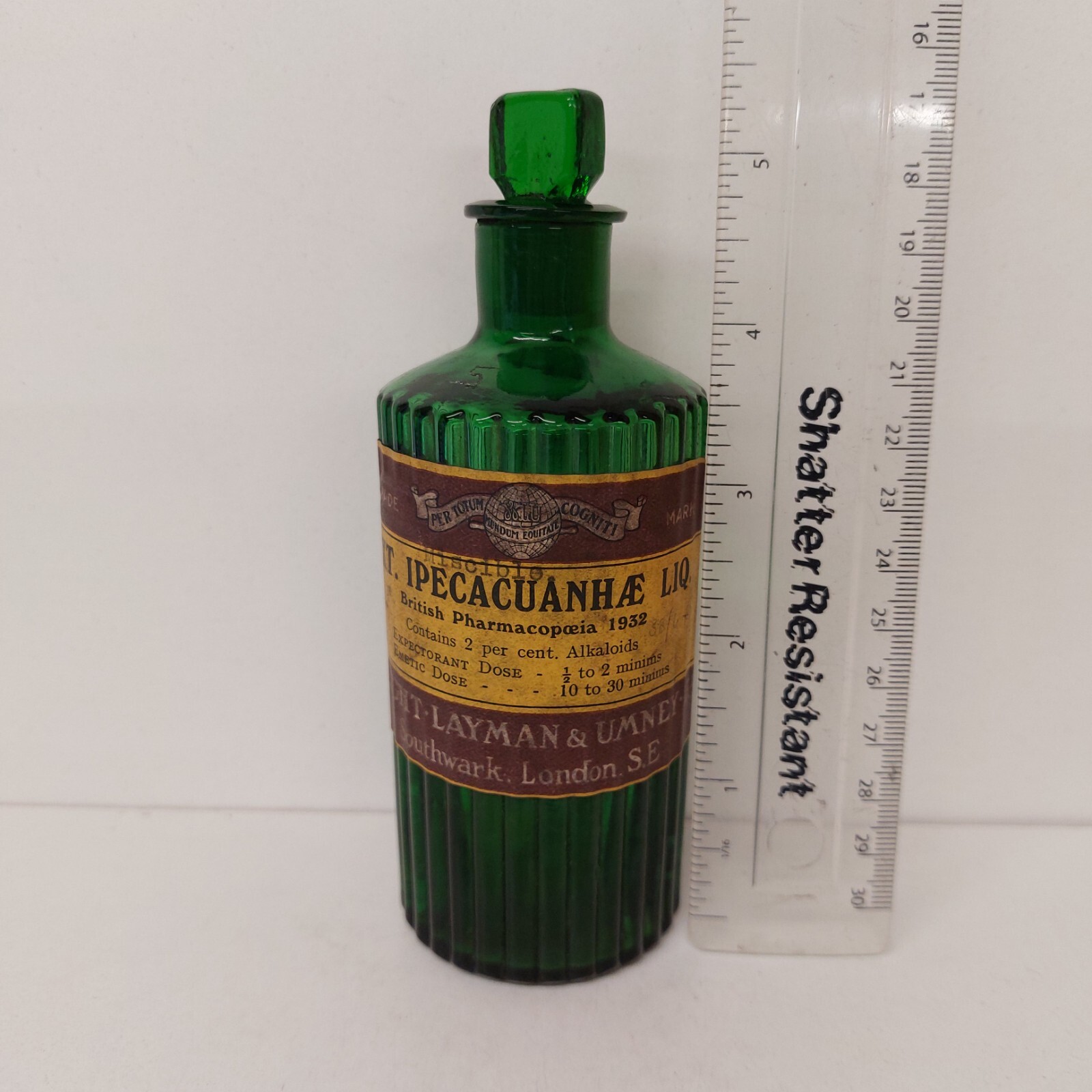 Labeled Wright Layman Umney Ltd London Emetic Ribbed Chemists Apothecary Bottle