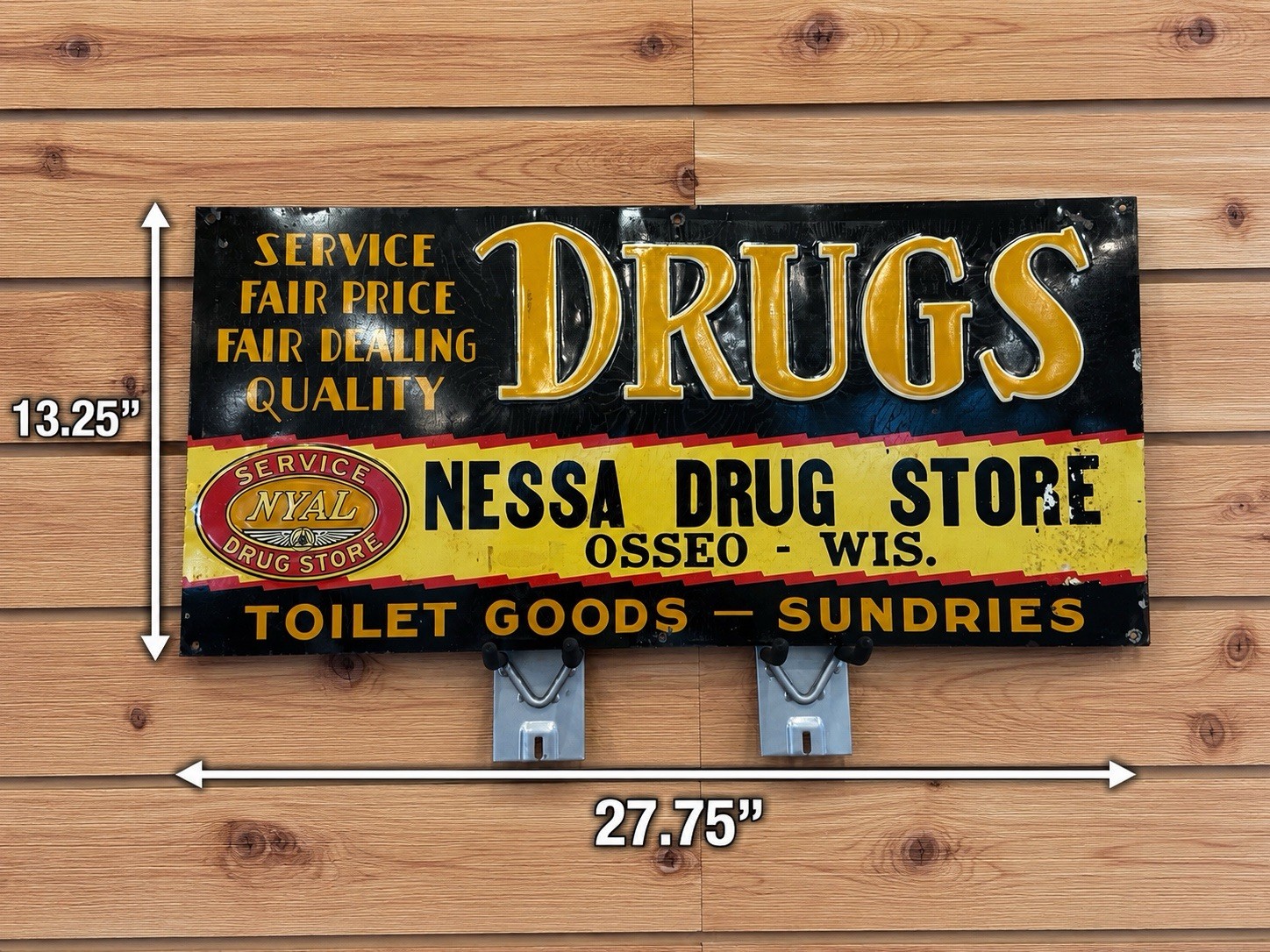 Vintage DRUGS Nessa Drug Store Osseo WI Embossed Tin Sign