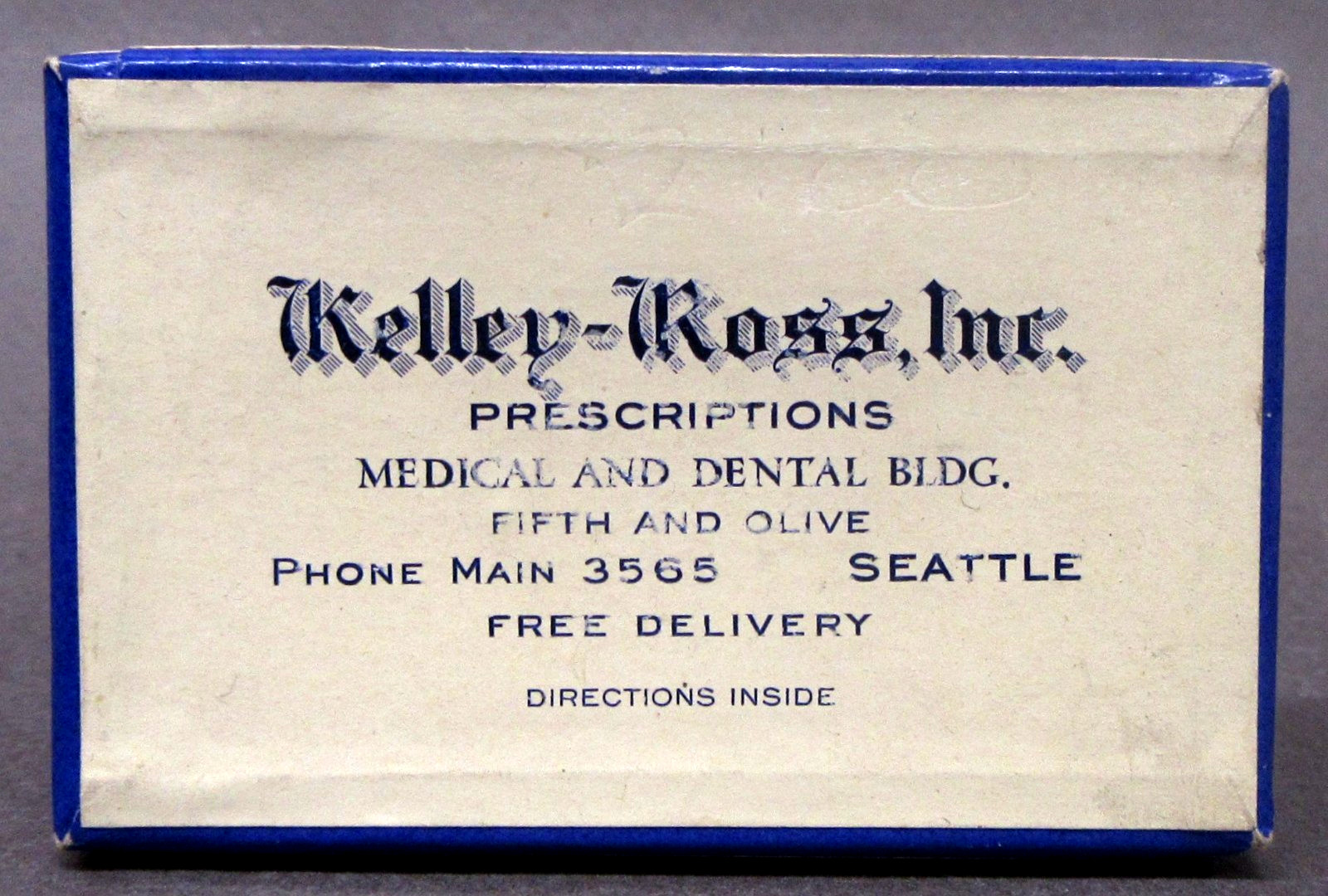 white 1937 PRESCRIPTION BOX Kelley-Ross Inc Pharmacy Seattle Wash. DR. UNDERWOOD