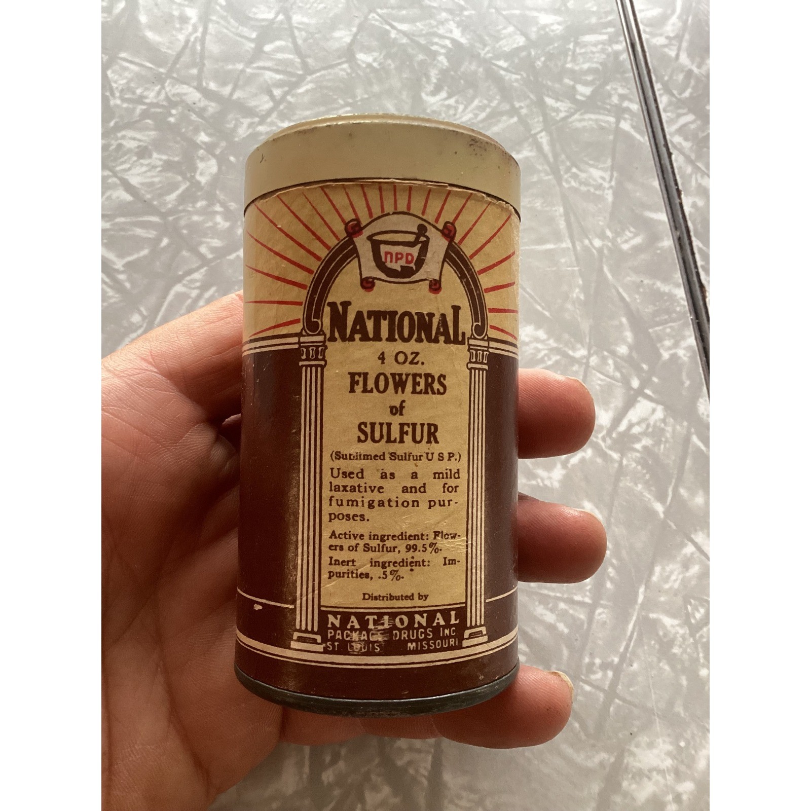 Vintage National Flowers of Sulfur Apothecary Tin 4oz St Louis MO Medical Prop