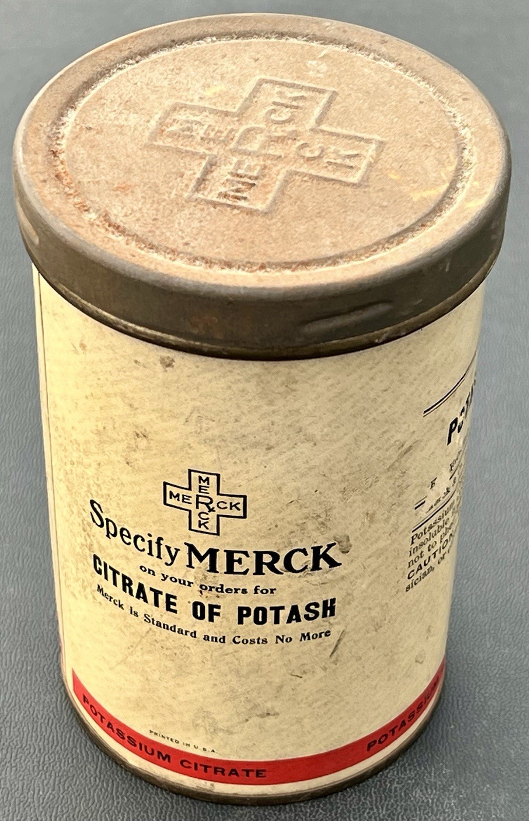 Antique Pharmaceutical “Specify Merck” CITRATE OF POTASH 5″ Paper & Metal Can