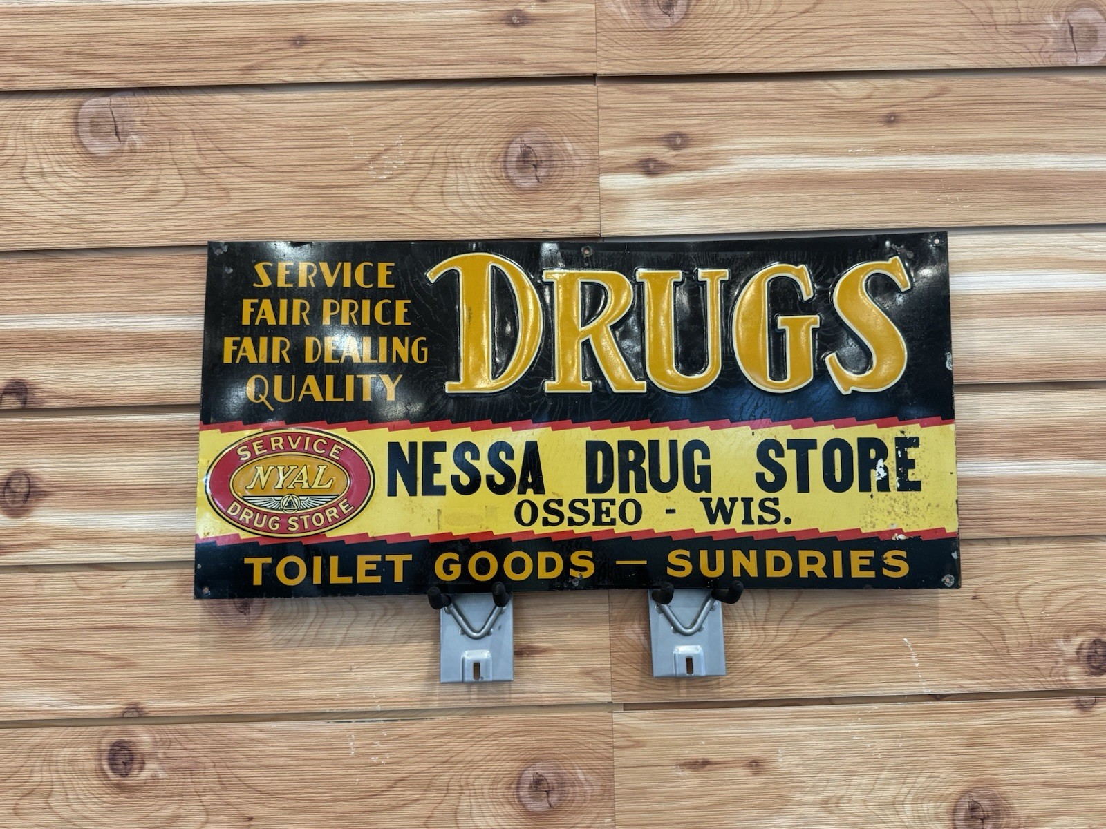 Vintage DRUGS Nessa Drug Store Osseo WI Embossed Tin Sign