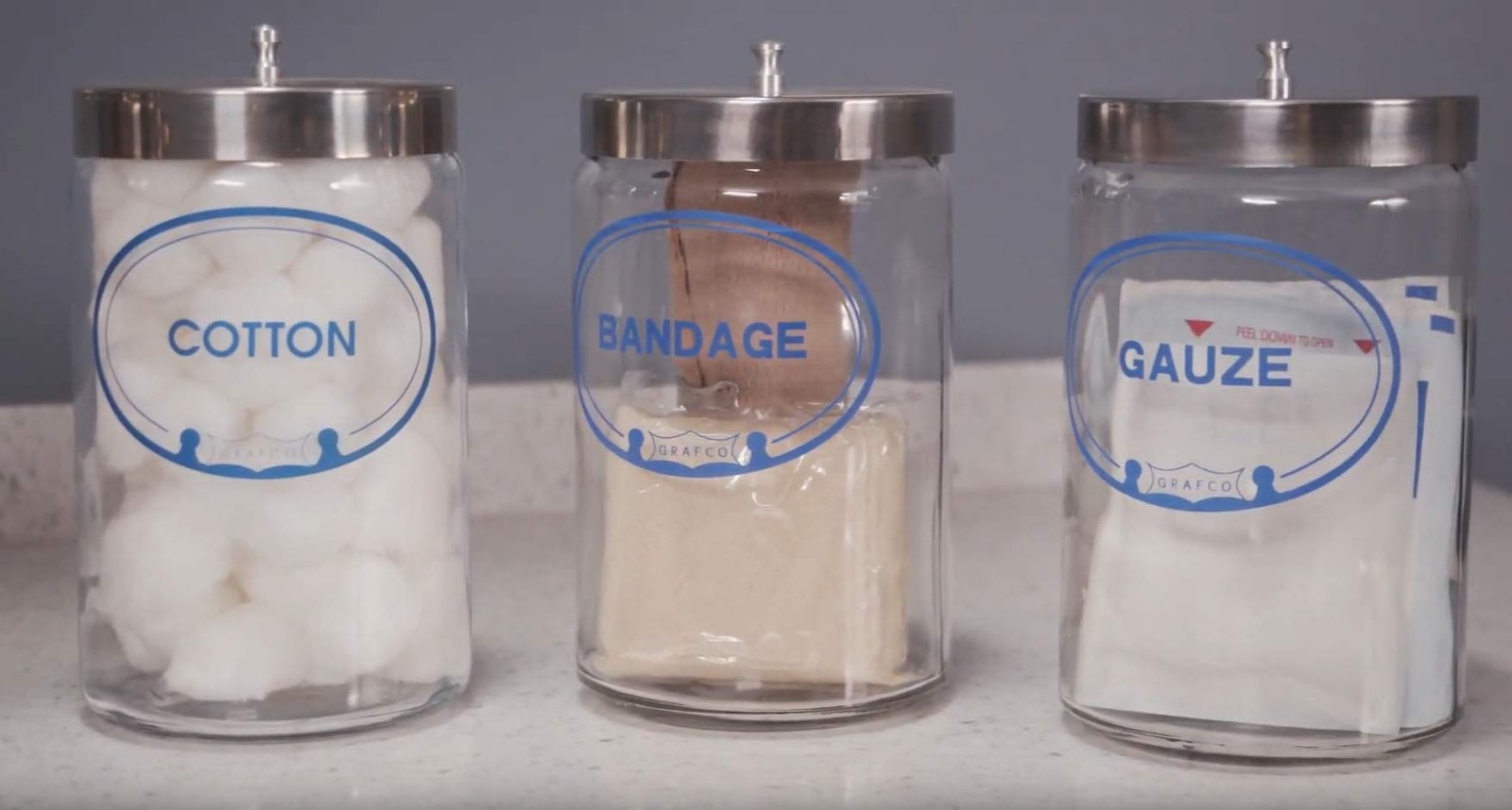 Glass Sundry Jars – Set of 5 – Labeled ‘Applicators, Bandages, Cotton, Gauze,…