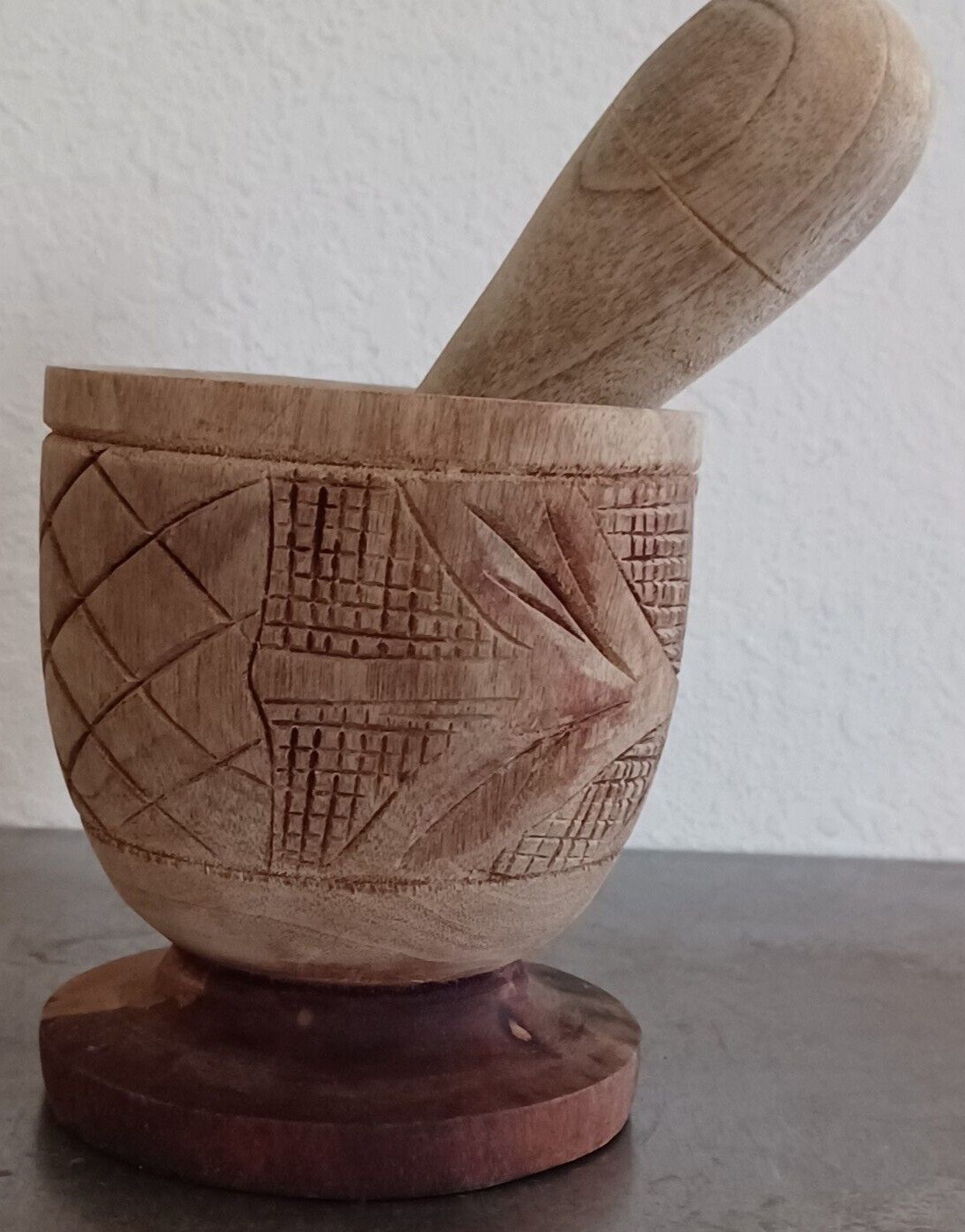 Hand Carved Wood Footed Mortar And Pestle Apothecary Grinder 4.5″ Tall Vintage