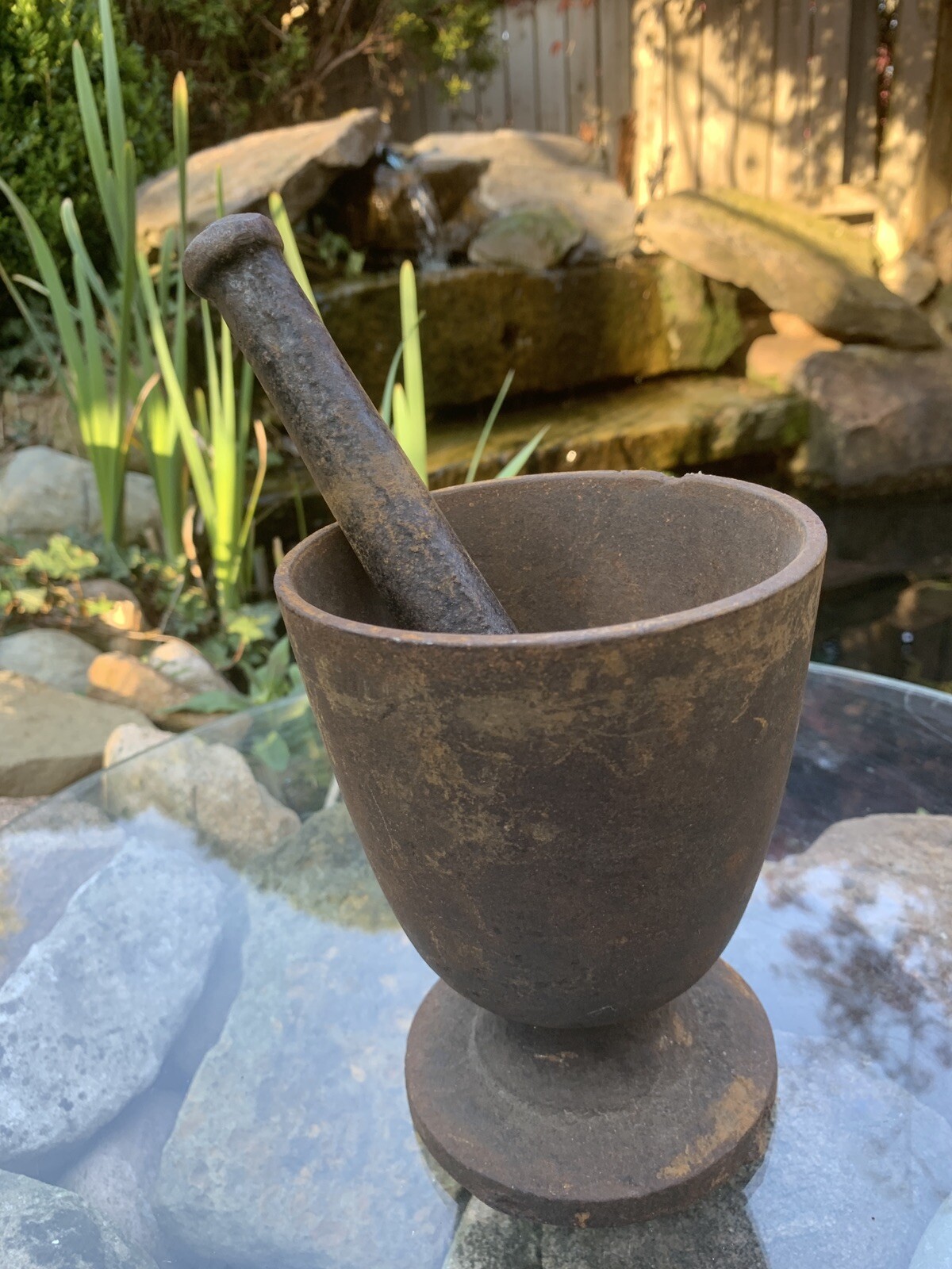Rare Antique Primitive 19th Century Apothecary Cast Iron Mortar and Pestle Rx