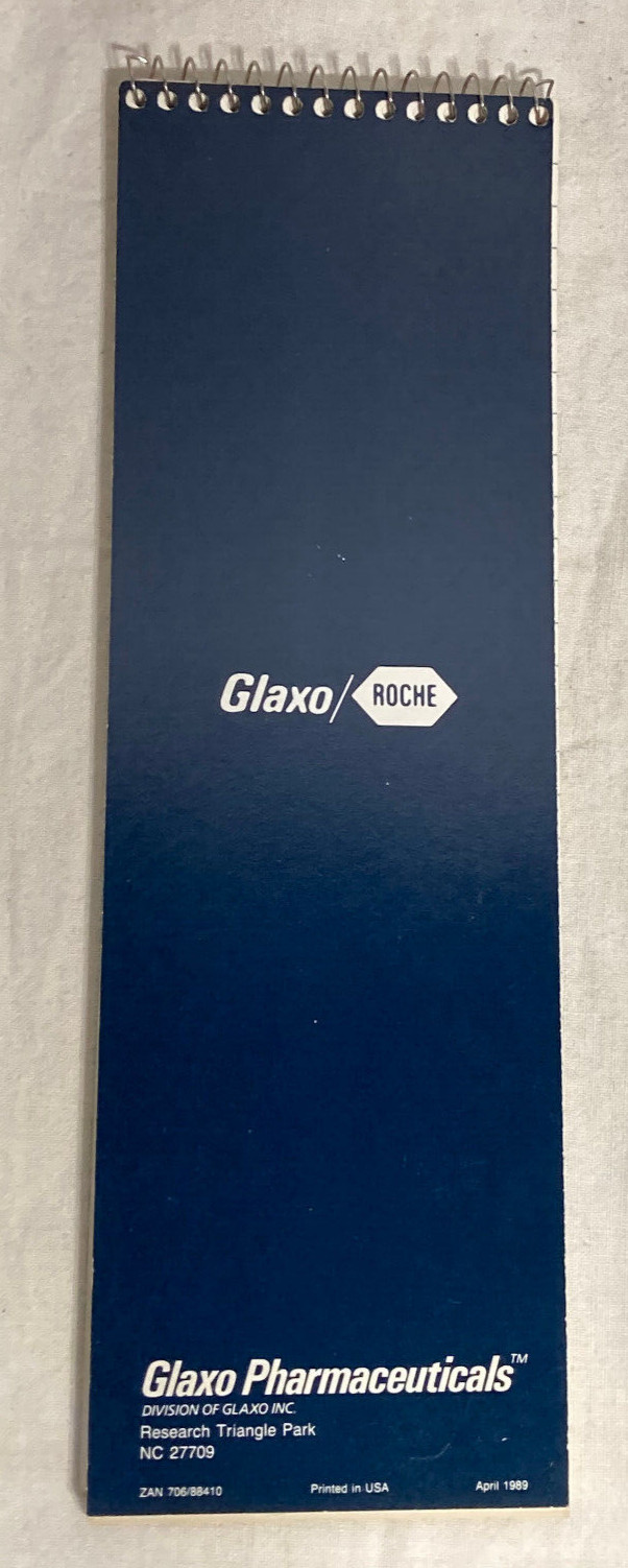 Vntg Glaxo Pharmacy Want Book: Ceftin, Zantac ruled Spiral notebook, 11″ L USA