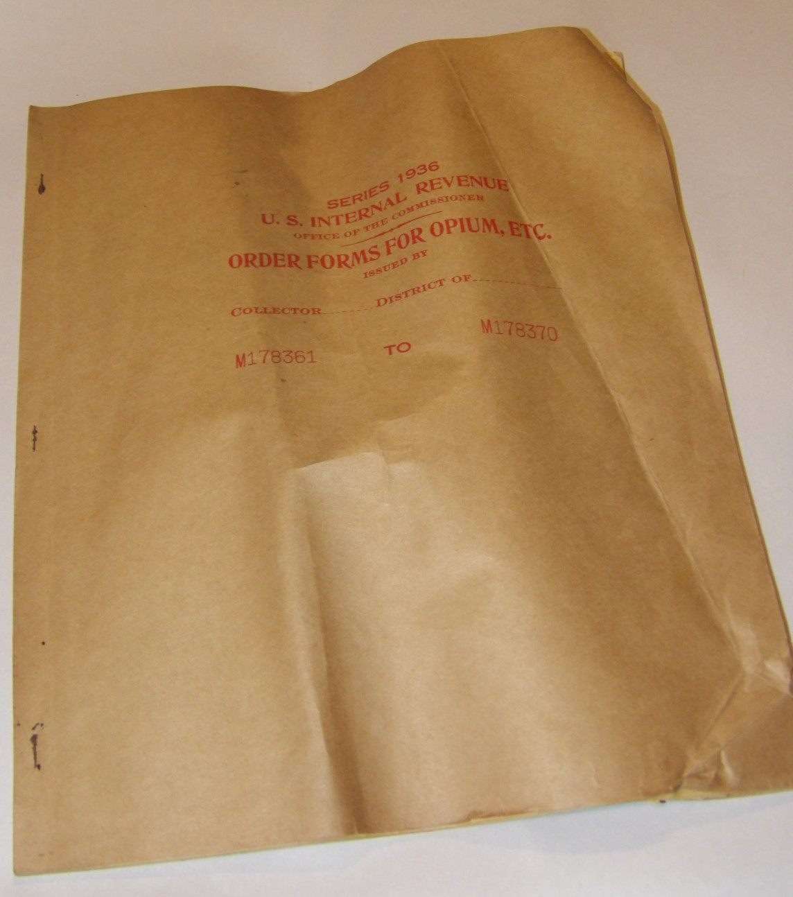 VINTAGE 1936 IRS ORDER FORMS FOR OPIUM, COCA LEAVES! USED! 10 PAGE BOOKLET!