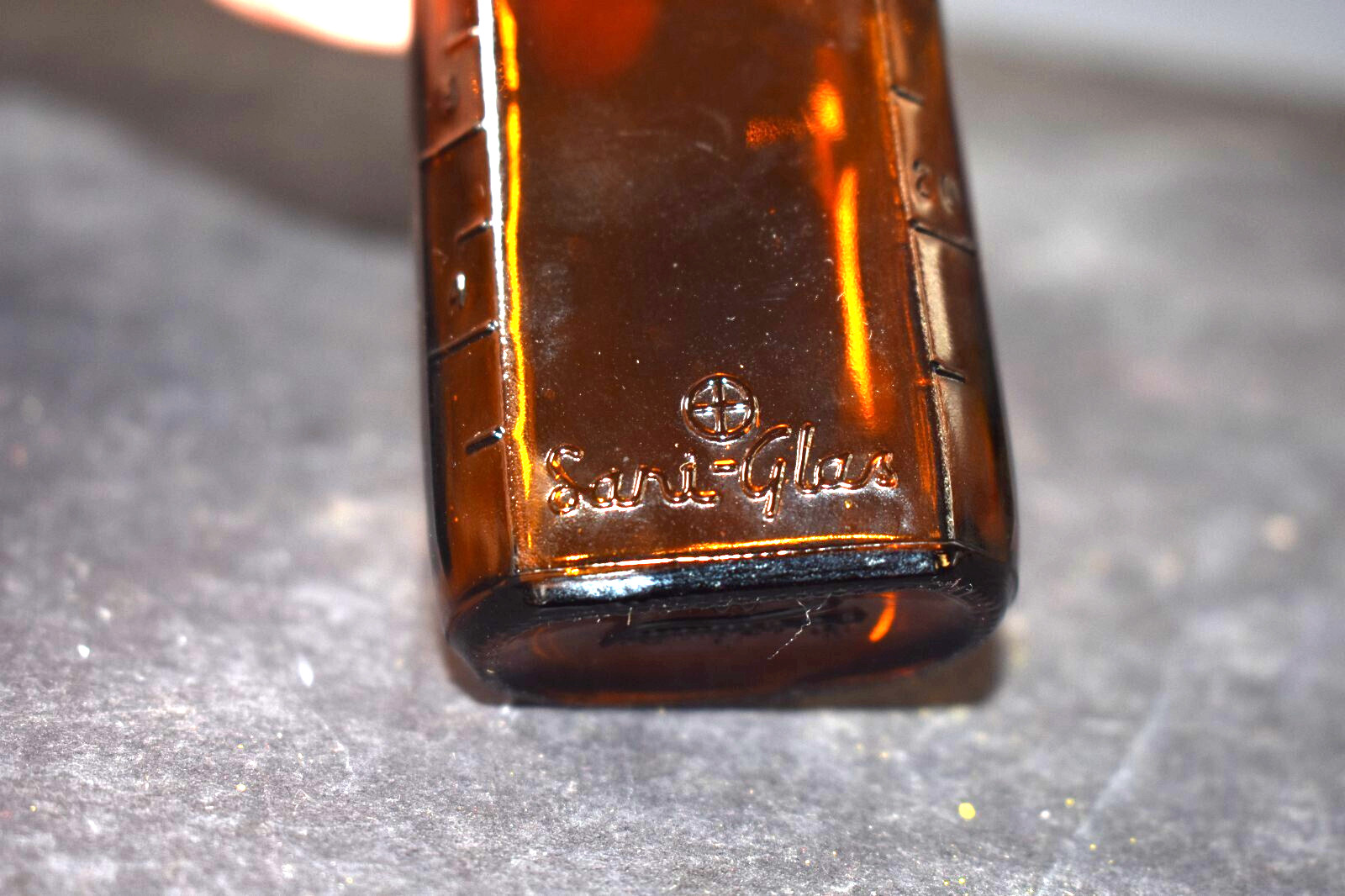 Vintage Medicine Bottle, Amber Glass, Sani-Glass with Black Lid, 4″ Tall
