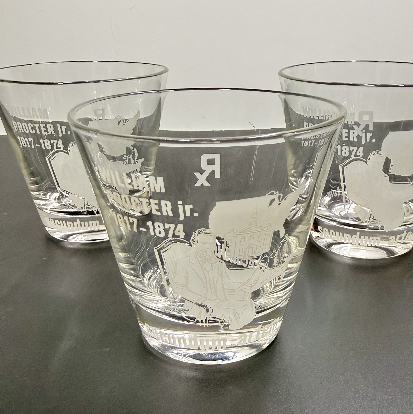 Set Of 5 Vtg William Proctor Jr RX Pharmacist Secundum Artem 6oz Etched Glass