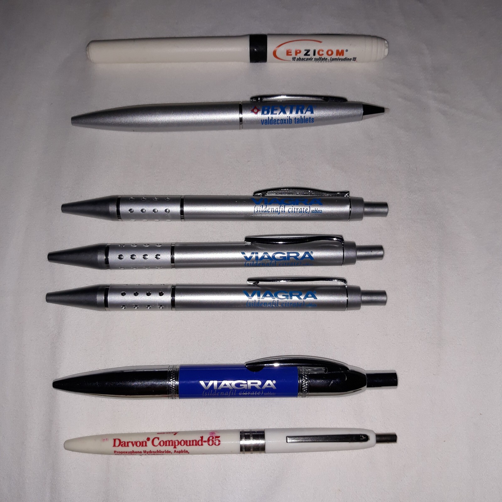 7 Vintage Pharmaceutical Ink Pens, Viagra, Darvon, Bextra, Epzicom