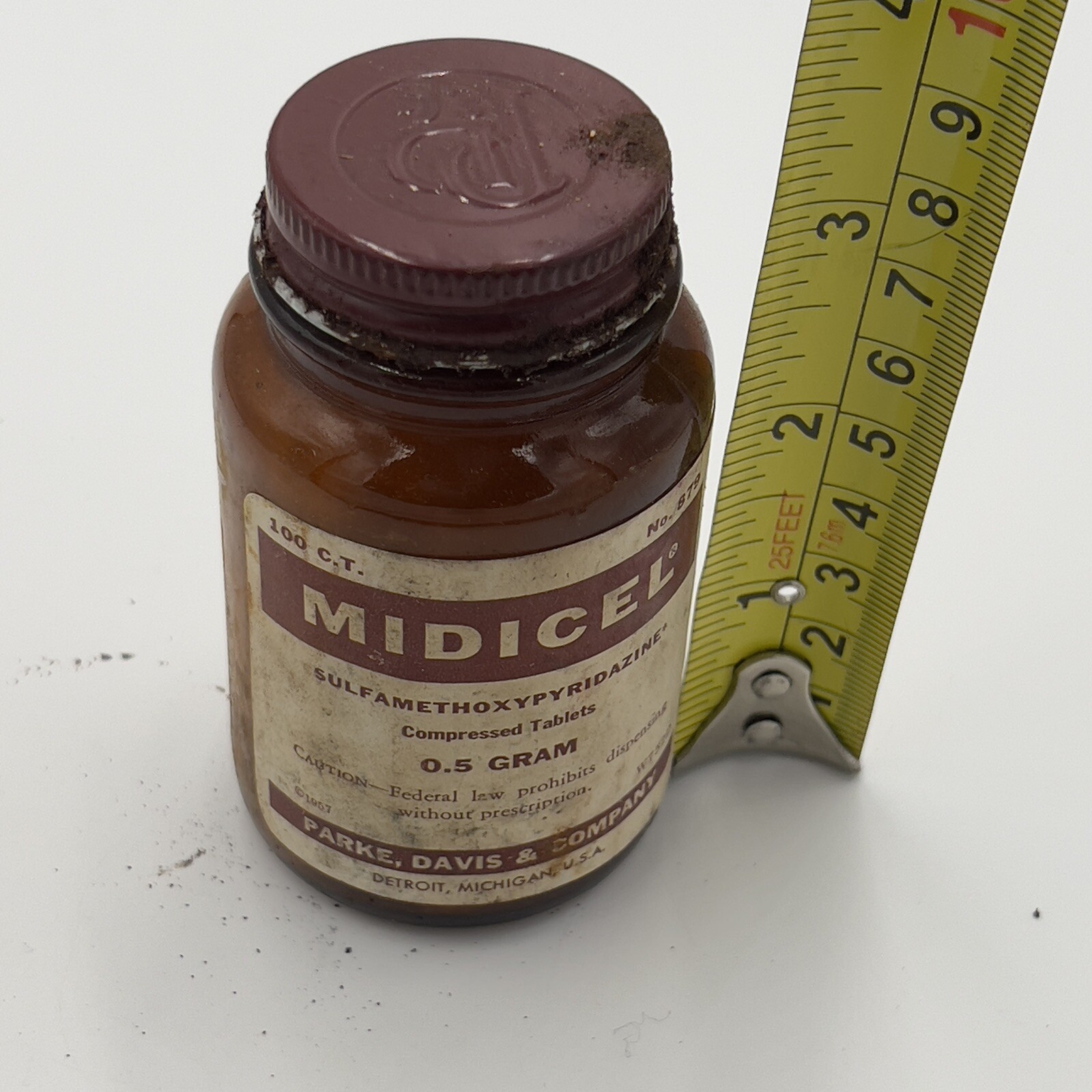 Rare MIDICEL Sulfamethoxypyridazine Parke Davis Amber Medicine Bottle EMPTY