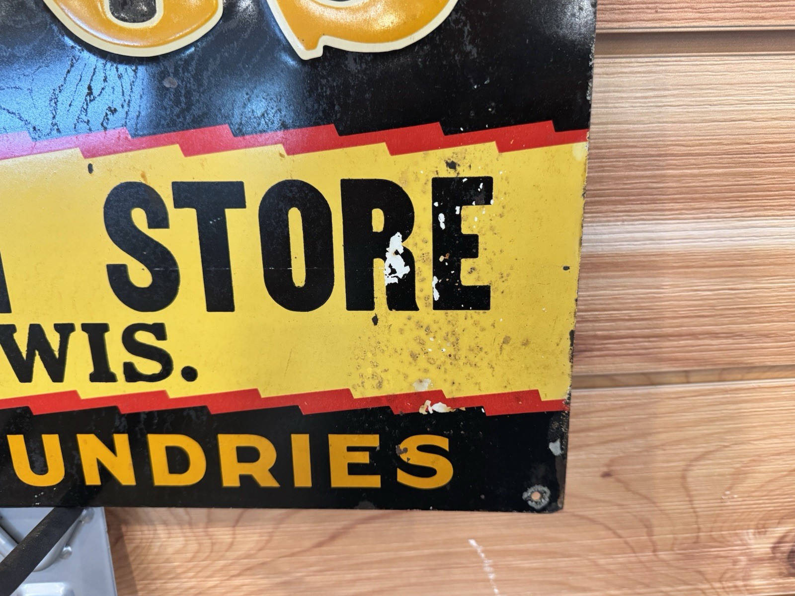 Vintage DRUGS Nessa Drug Store Osseo WI Embossed Tin Sign