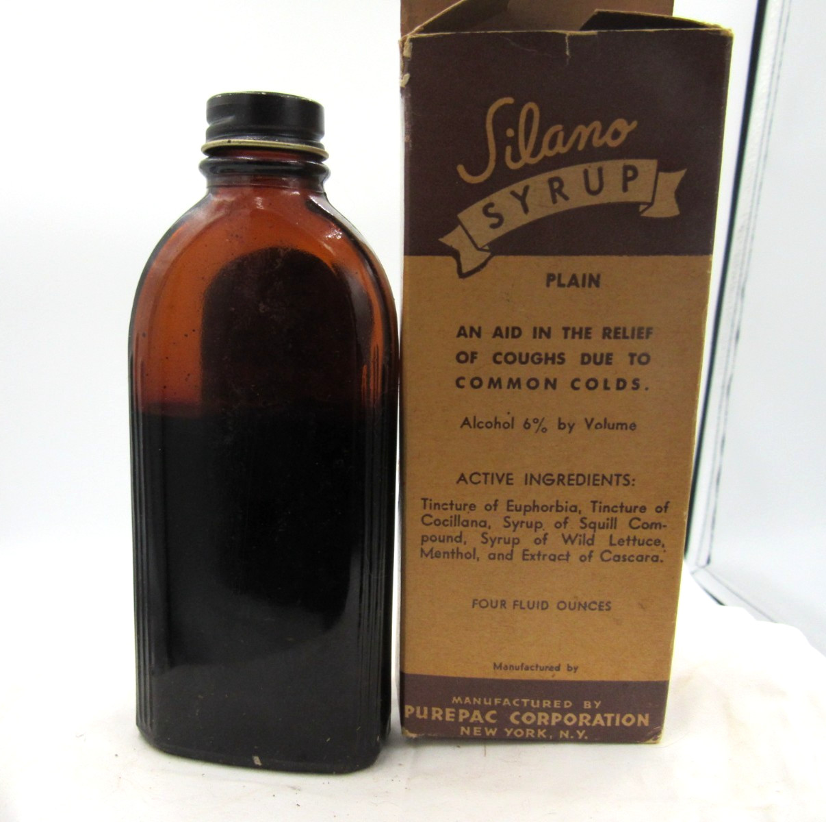 BW – 1930-40’s Purepac Silano Syrup New York 5 1/2 ” Amber Medicine bottle