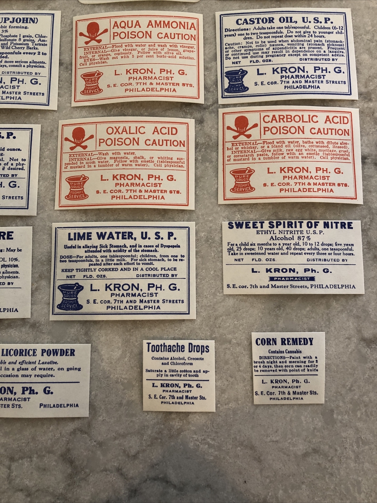 Lot 24 Antique Medicine Bottle Labels Opium, Poison – L. Kron Ph. G. Phila.